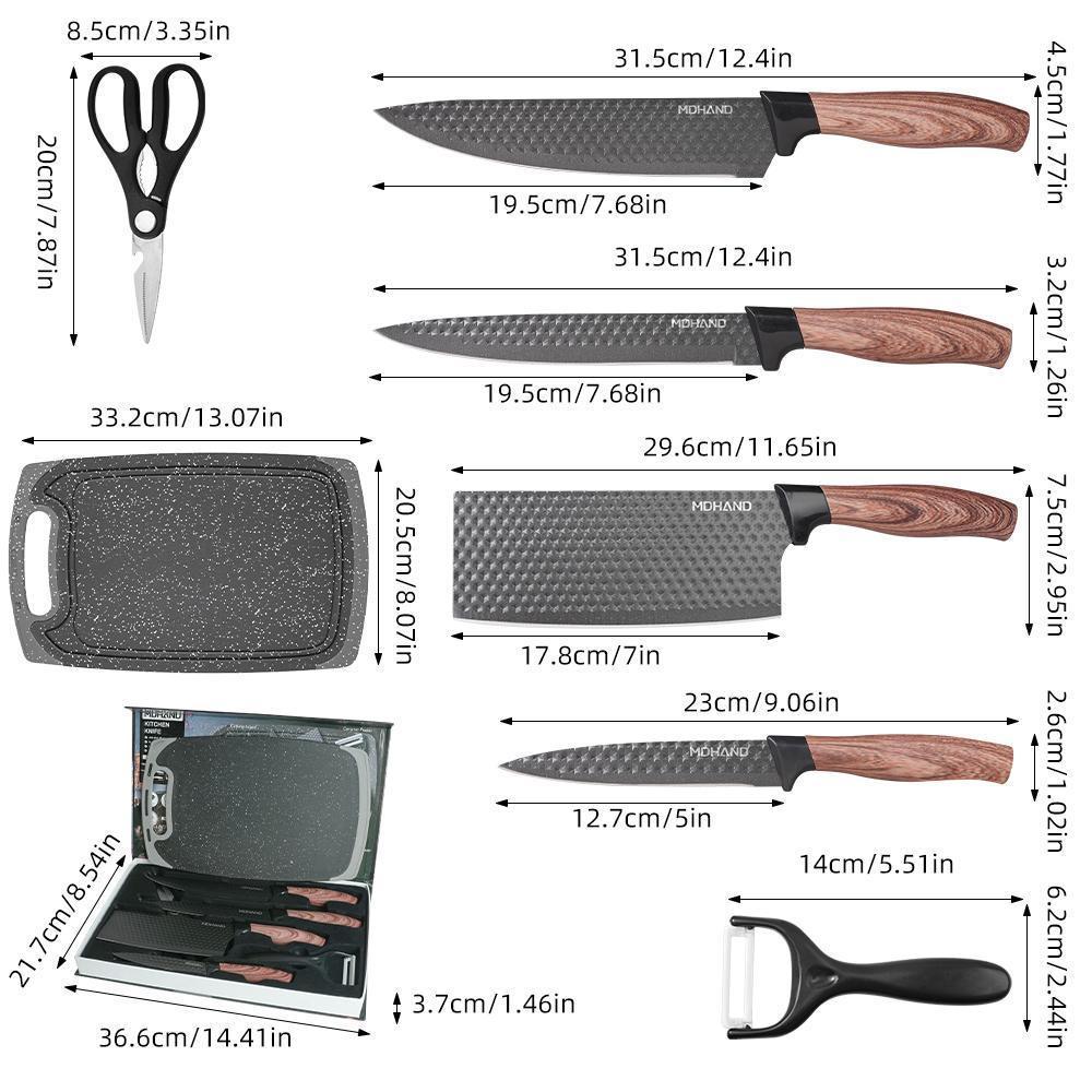 Professional 7pcs Kitchen Knife Set - Chef's Knife, Slicing Knife, Scraper, Scissors and Cutting board - High Carbon Stainless Steel with Ultra-Sharp Blades, Non-Stick Ergonomic Wooden Handles - Ideal for Home, Travel, and Gift Box Set#Summervibes Professional 7pcs Kitchen Knife Set - Chef's Knife, Slicing Knife, Scraper, Scissors and Cutting board - High Carbon Stainless Steel with Ultra-Sharp Blades, Non-Stick Ergonomic Wooden Handles - Ideal for Home, Travel, and Gift Box Set#Summervibes