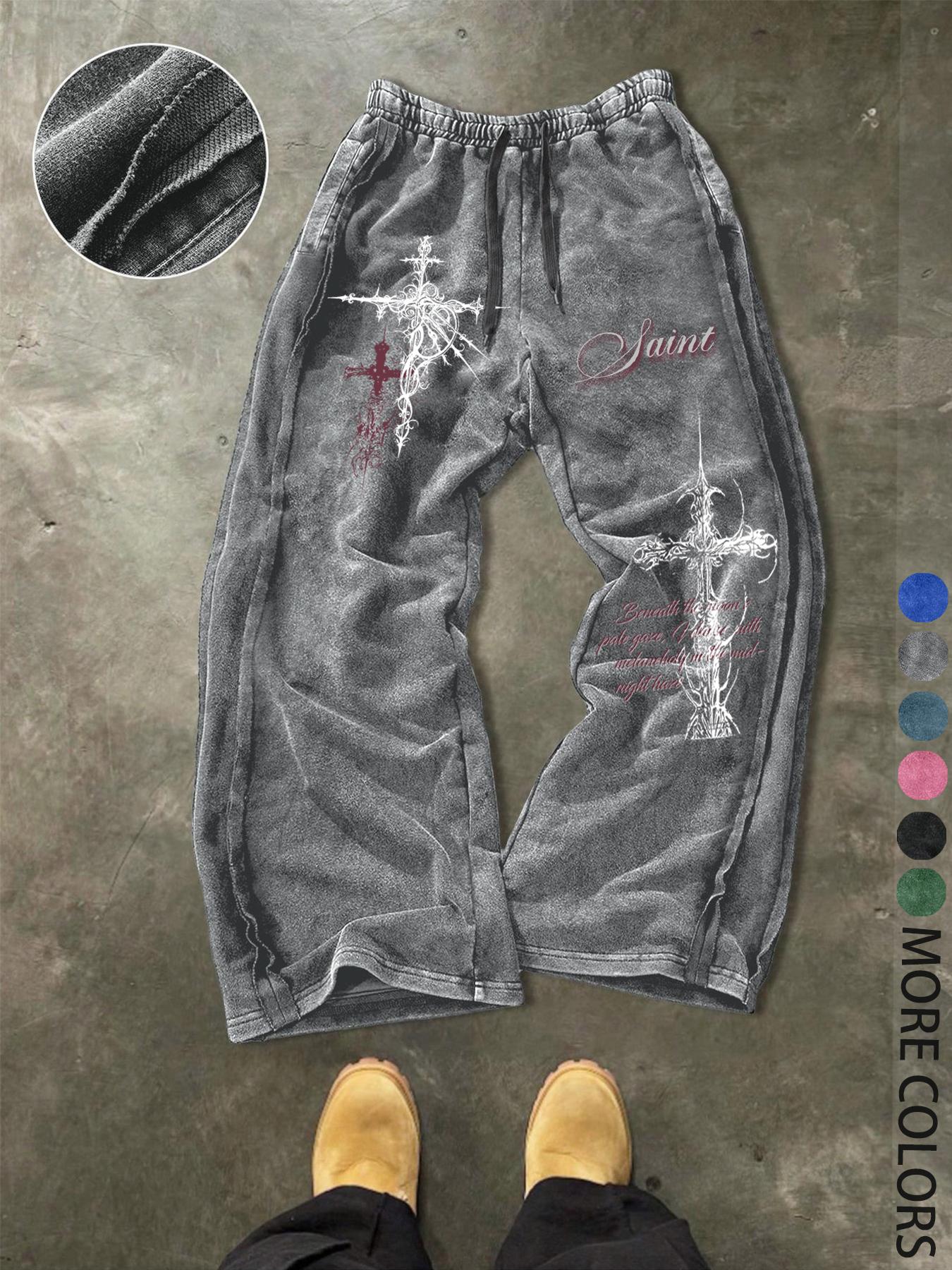 Unisex Gothic Street Style Saint's lettering and Gothic cross pattern print Cotton Sweatpants, Loose Fit Elastic Waist, Casual Fashion Pants for All Seasons,Gothic outfits， Men's Daily Wear Gift