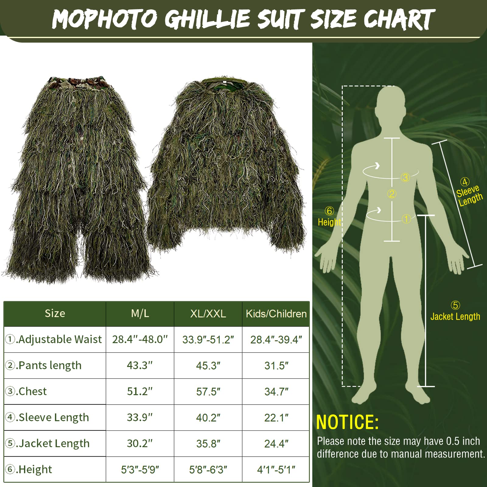 Lilypelle 5 in 1 Ghillie Suit, 3D Camouflage Hunting Apparel Including Jacket, Pants, Hood, Carry Bag, Ghillie Suit for Men/Adult/Youth