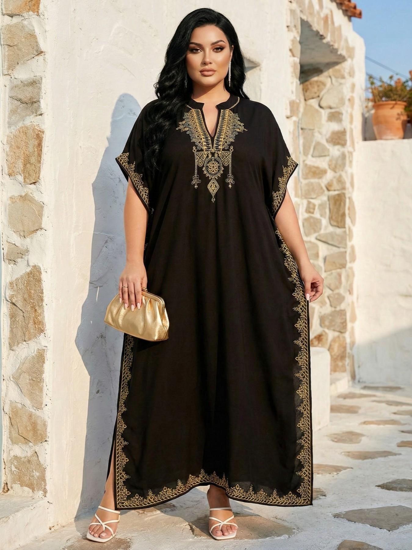 2026Plus Size Ethnic Pattern Embroidered Split Kaftan Dress, Boho Notched Neck Batwing Sleeve Long Dress, Summer Clothing, Women'S Summer Clothes, Modest Clothing Caftan Robe, Muslim Women Gowns, Modesty Muslim Clothing..
