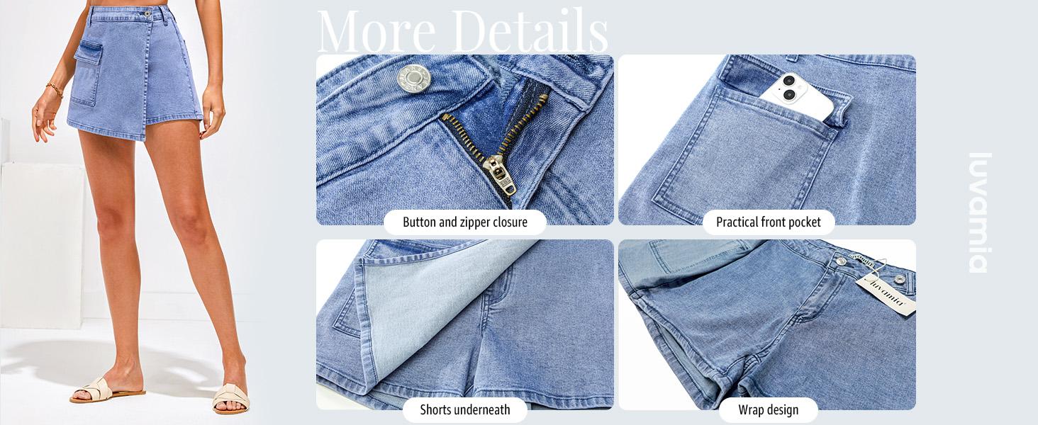 Luvamia Denim Skorts for Women Cargo Faux Wrap Jean Skort Skirts Stretchy High Waisted Skirt Shorts Country Concert Wear Womenswear