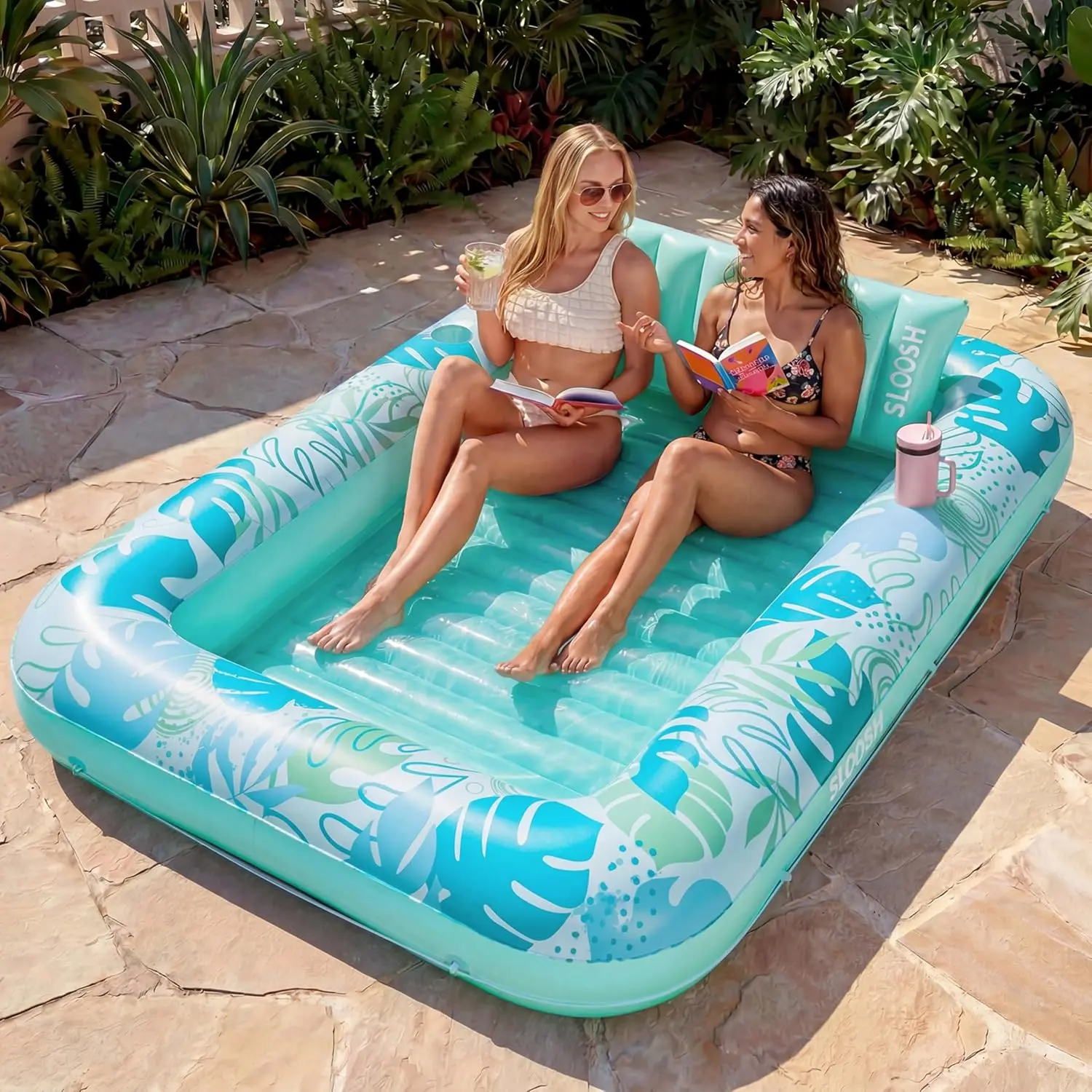 85"*57" XL Inflatable Tanning Pool Lounger Float, 4‑in‑1 Blow‑Up Sun‑Tub Raft with Pillow, Adult Pool Floatie for Sunbathing, Pool Party & Backyard Use, Cyan‑White