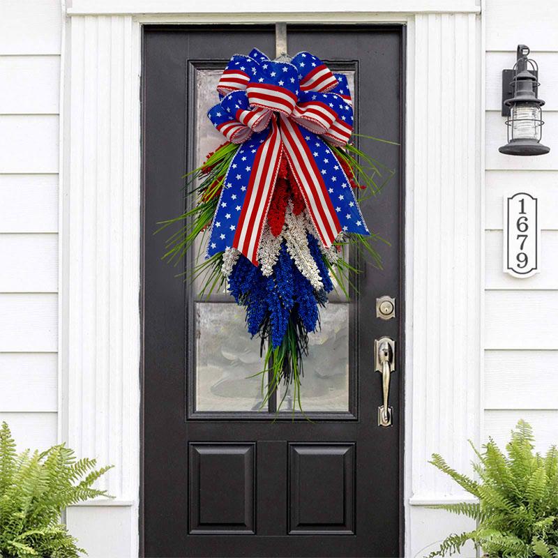 Artificial wheat sheaf wreath suitable for the American patriotic Memorial Day on July 4th. A festive red, white and blue wreath hanging decoration. Beautiful and unique. Suitable for decorating the entrance and walls of the home with this wreath.