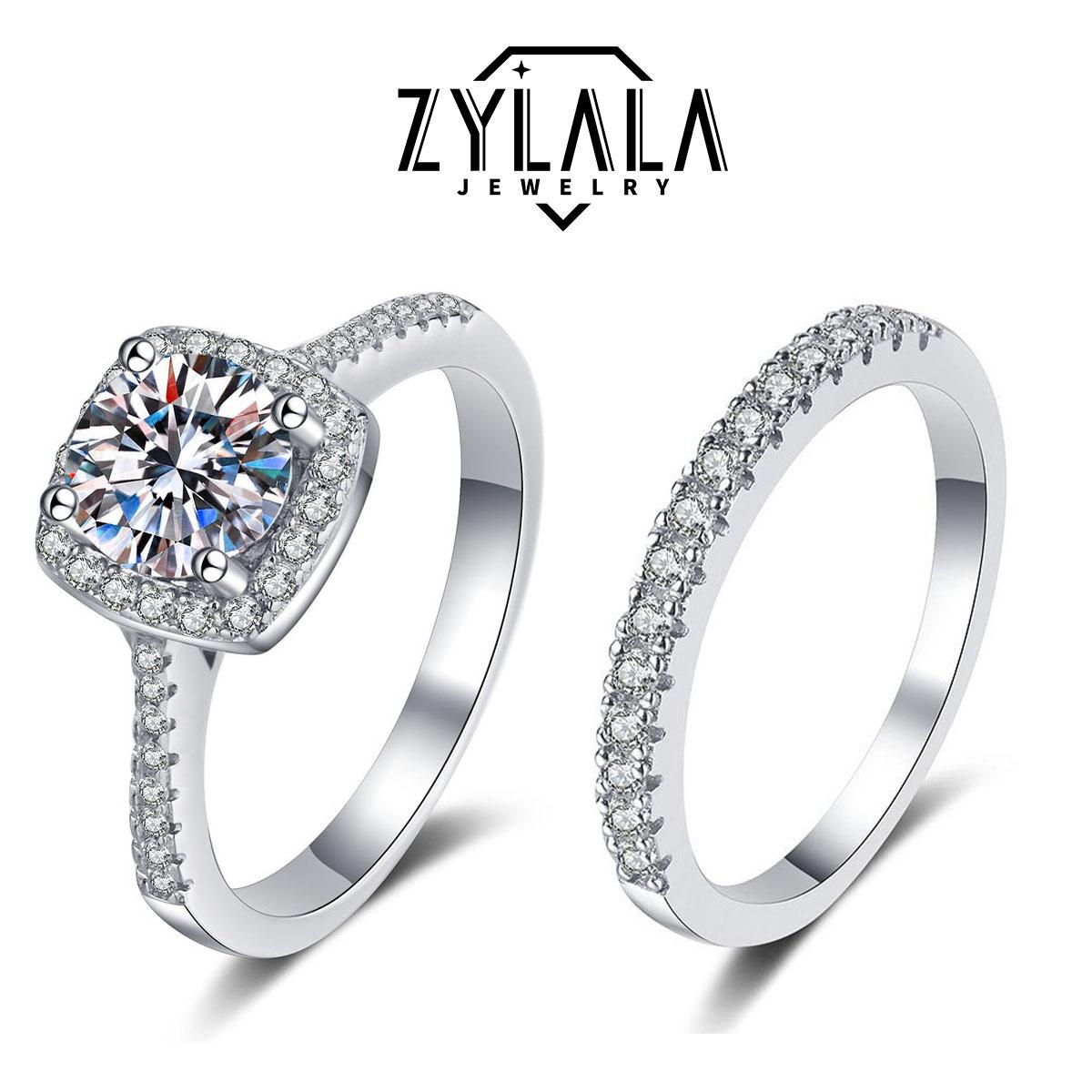 [245 0.5CT&Round Band] 0.5CT Synthetic Moissanite Square Ring + Eternity-band Set Square Halo Design 925 Sterling Silver Promise Ring Engagement Wedding Gift