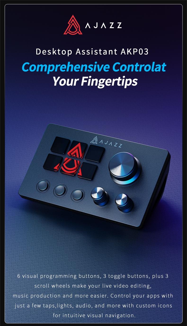 AJAZZ AKP03 console programmable rotation shortcut keys, multi-audio control, one-key operation, customizable buttons, integrated live broadcast console, anchor's essential desktop helper, live broadcast assistant