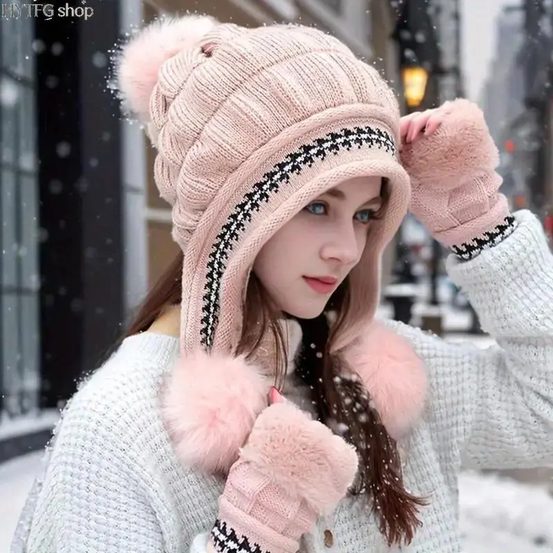 Women’s 2-Piece Winter Plush Accessory Set - One Size, Ultra-Soft Fabric Hat with Decorative Earmuffs & Fingerless Gloves, Cozy Casual Combo for Daily Commuting & Outdoor Adventures