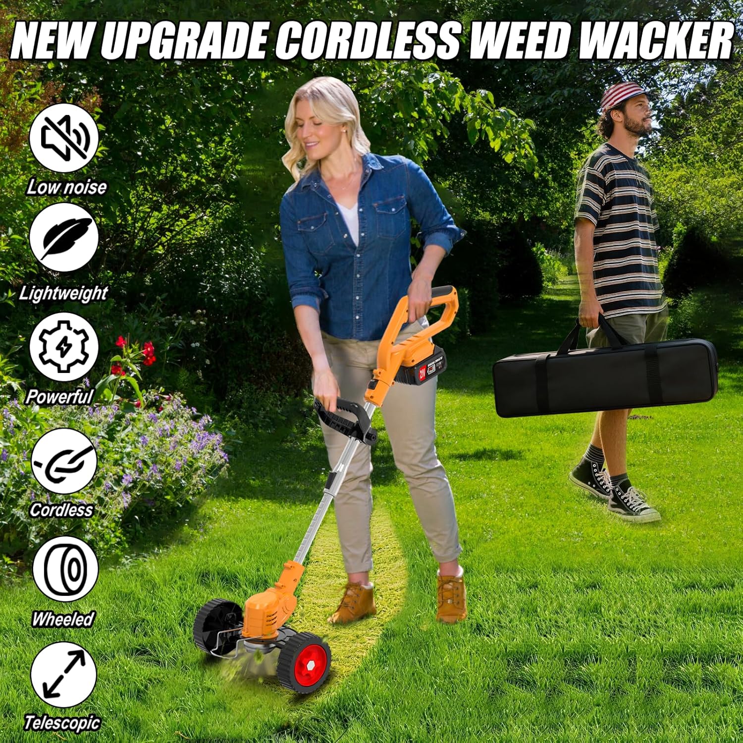 Electric Weed Wacker Cordless Eater, No String Trimmer   3-in-1 Lightweight Grass Trimmer/Brush /Edge, 4 Types , Stringless Weed Trimmer with Wheels for Lawn Yard Garden