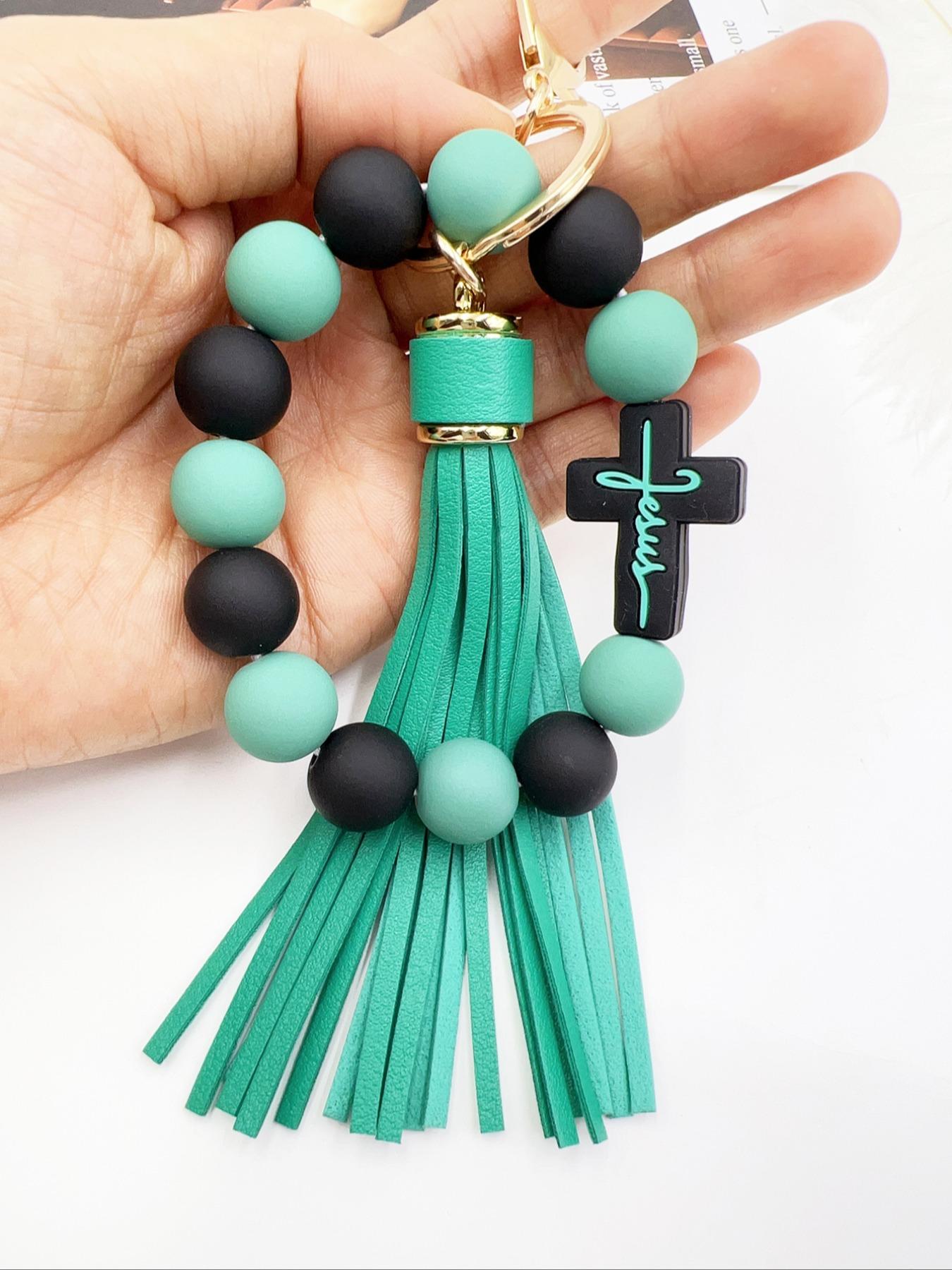 1 Piece Leopard Pattern Tassel Decor Beaded Keychain, Trendy Cute Jewelry for Women & Men, Fashion Accessories, Perfect Gift for Friends