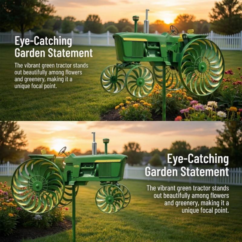 Garden Windmill Turntable - Green tractor-shaped windmill pile with rotating wheel, suitable for courtyard, courtyard, garden, unique outdoor sculpture decoration, is the perfect gift for relatives and friends