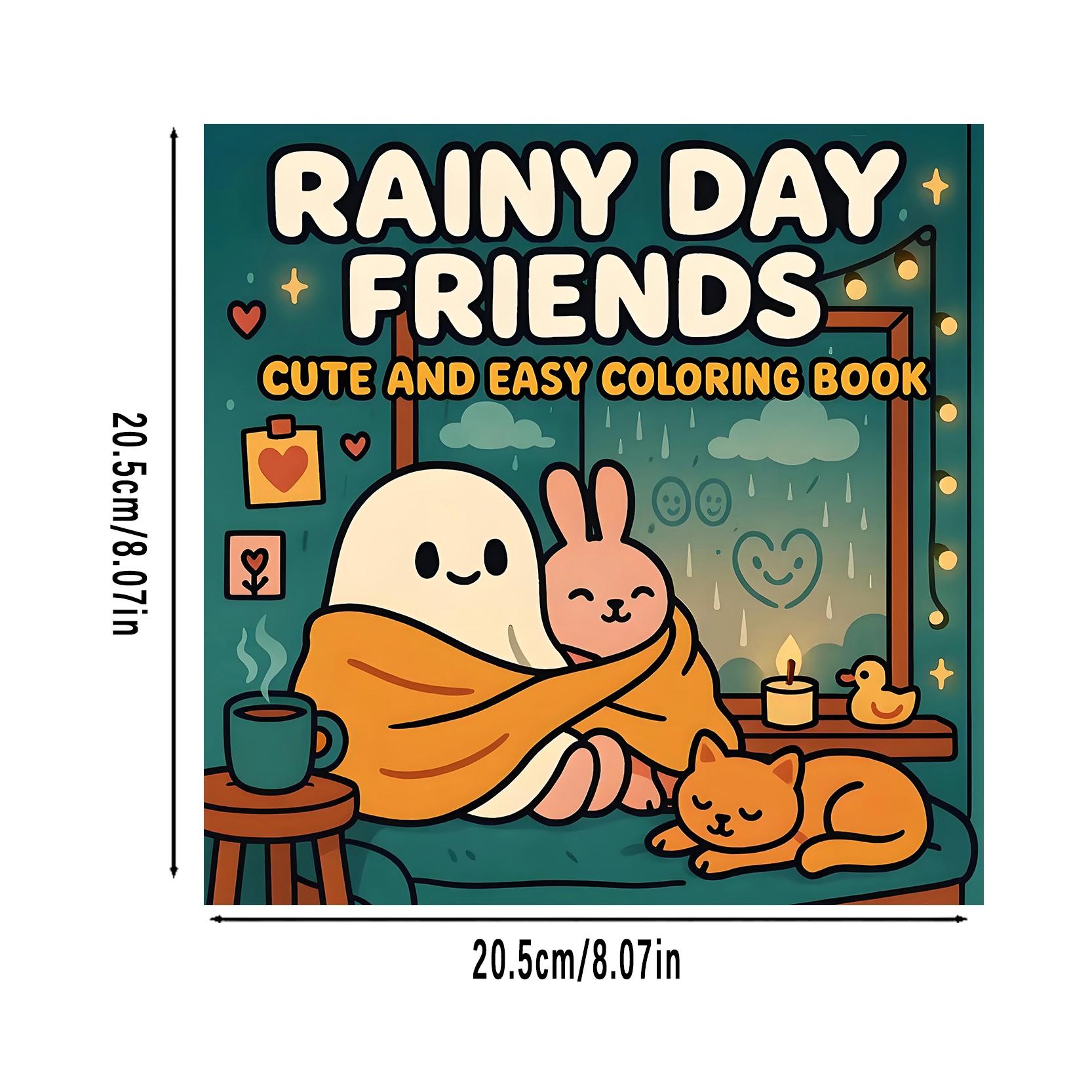 Bold & Easy Rainy Day Friends Cute & Cozy Coloring Book for Kids & Adults, 22 Coloring Pages on 120gsm Thick No Bleed Paper, Odorless Glue Binding, Stress Relief Easy Coloring for All Ages
