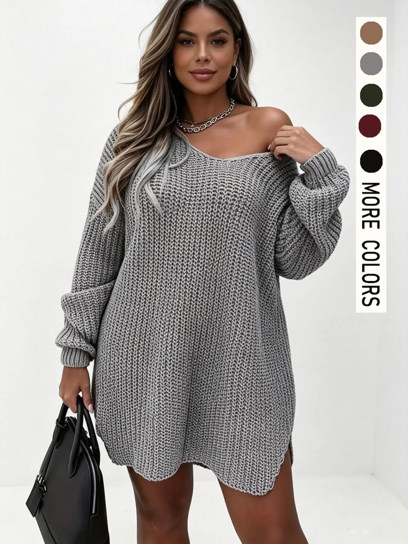 【Plus Size】 Women's Solid Color Sweater Dress, Casual Comfy Chic Knit Dress for Fall & Winter, Women's Plus Clothing for Daily Wear