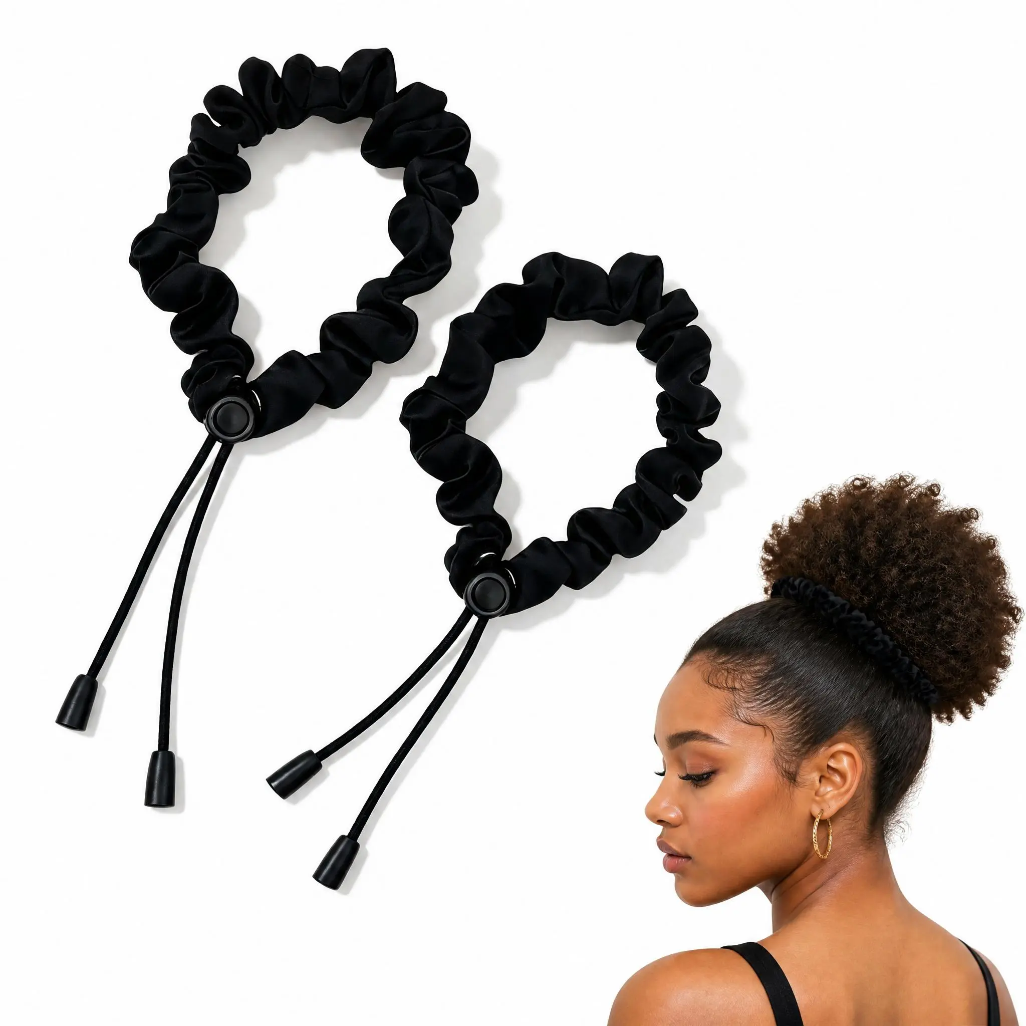 2 Pcs Adjust Satin Hair Scrunchies for Women Girls, Adjustable Hair Ties Soft Than Silk for 4c Girlie Thick Curly Natural Hair, Easy to Use Hair Accessories for Afro Puff Loc Ponytails (black)