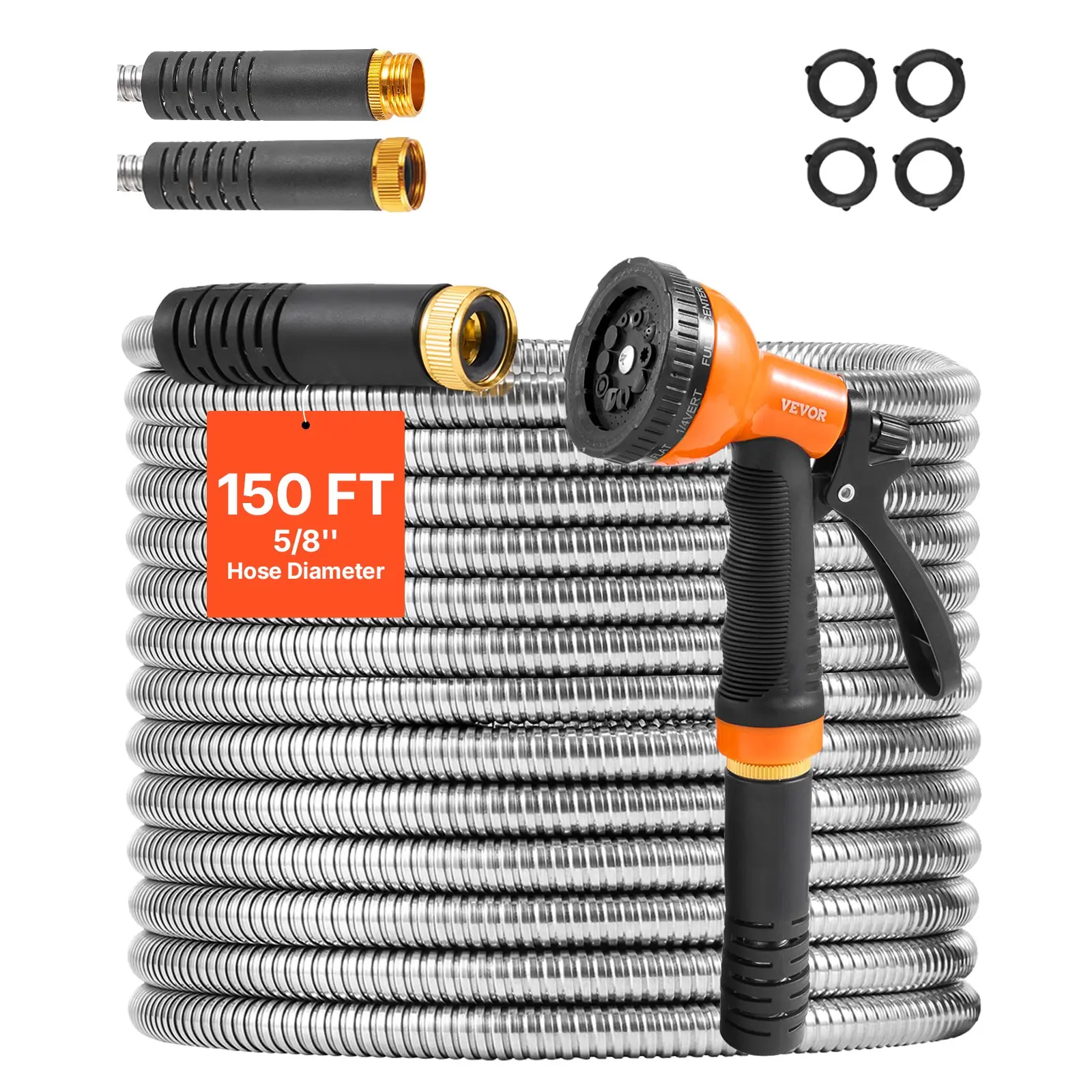 VEVOR Metal Garden Hose 150 ft, Stainless Steel Water Hose, Backyard Hose with 10 Function Nozzle, No-Kink & Flexible Water Pipe, Lightweight Metal Hose for Yard, Outdoor