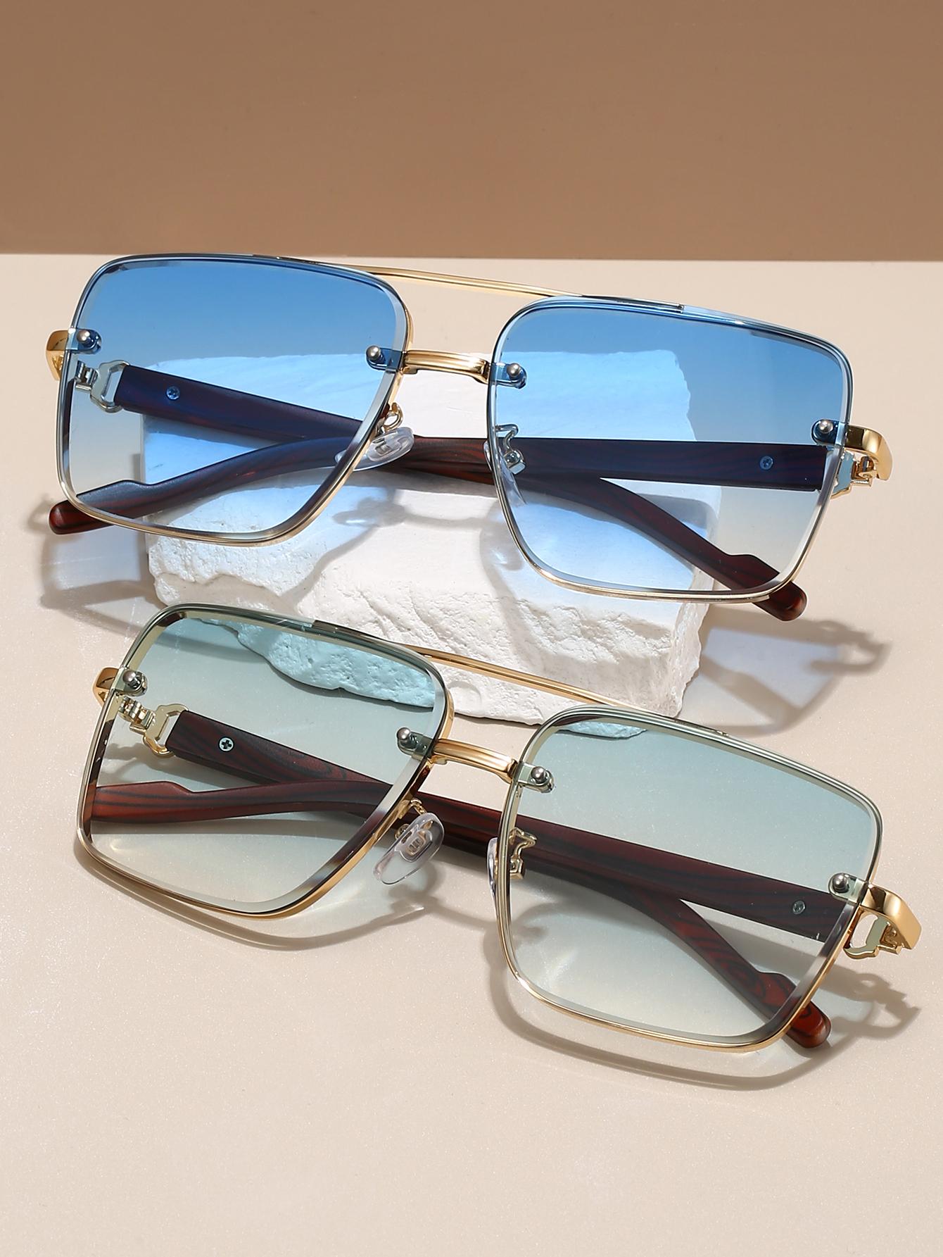 Men's New Full Frame Square Glasses, Retro Dual Bridge Design, Imitation Wood Texture Temples, Metal Frame, Classic Fashion Decorative Eyewear, Square Frames