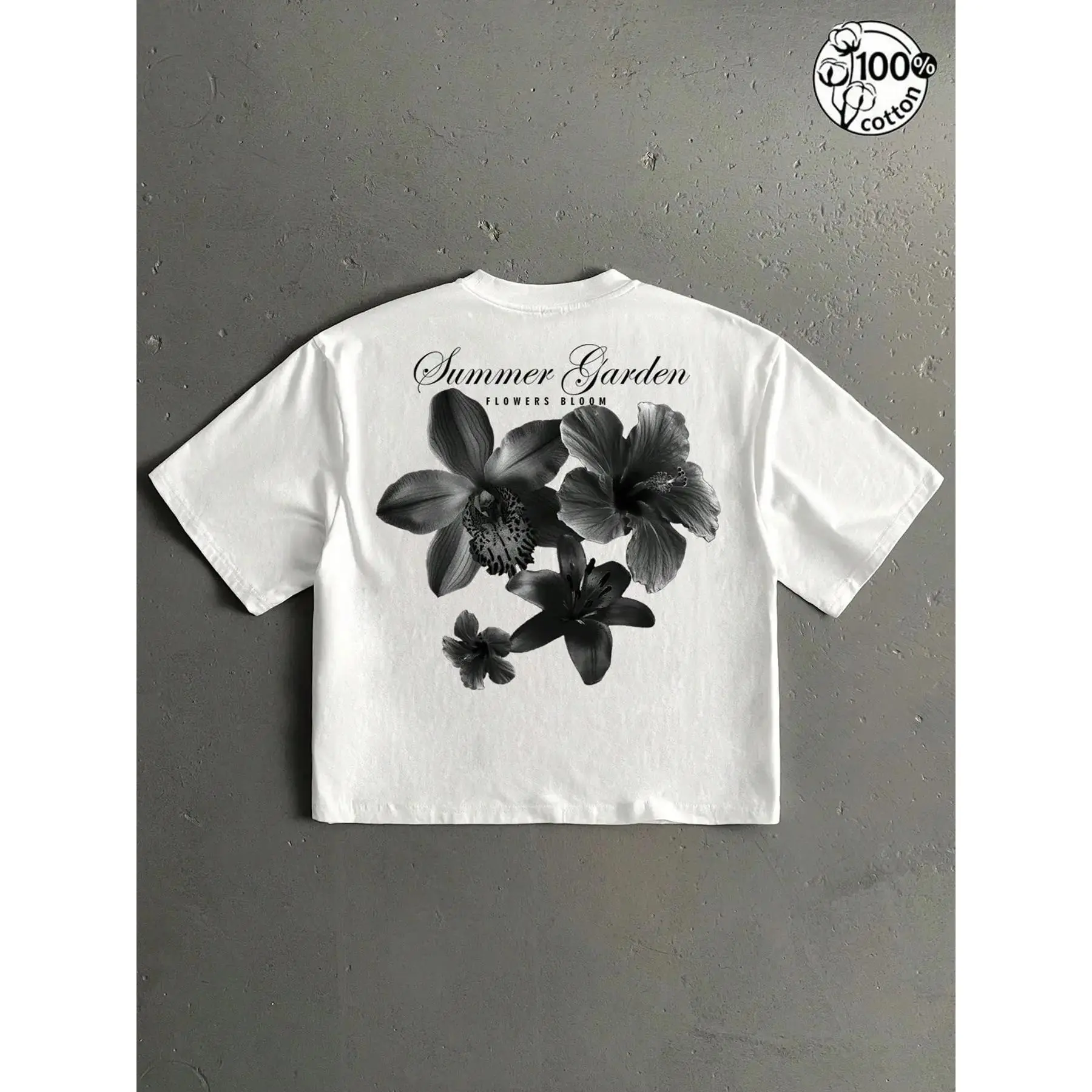 Unisex Casual 100% Cotton Cropped T-Shirt, Floral & "Summer Garden" Slogan Print, Y2K Style White Top, Streetwear