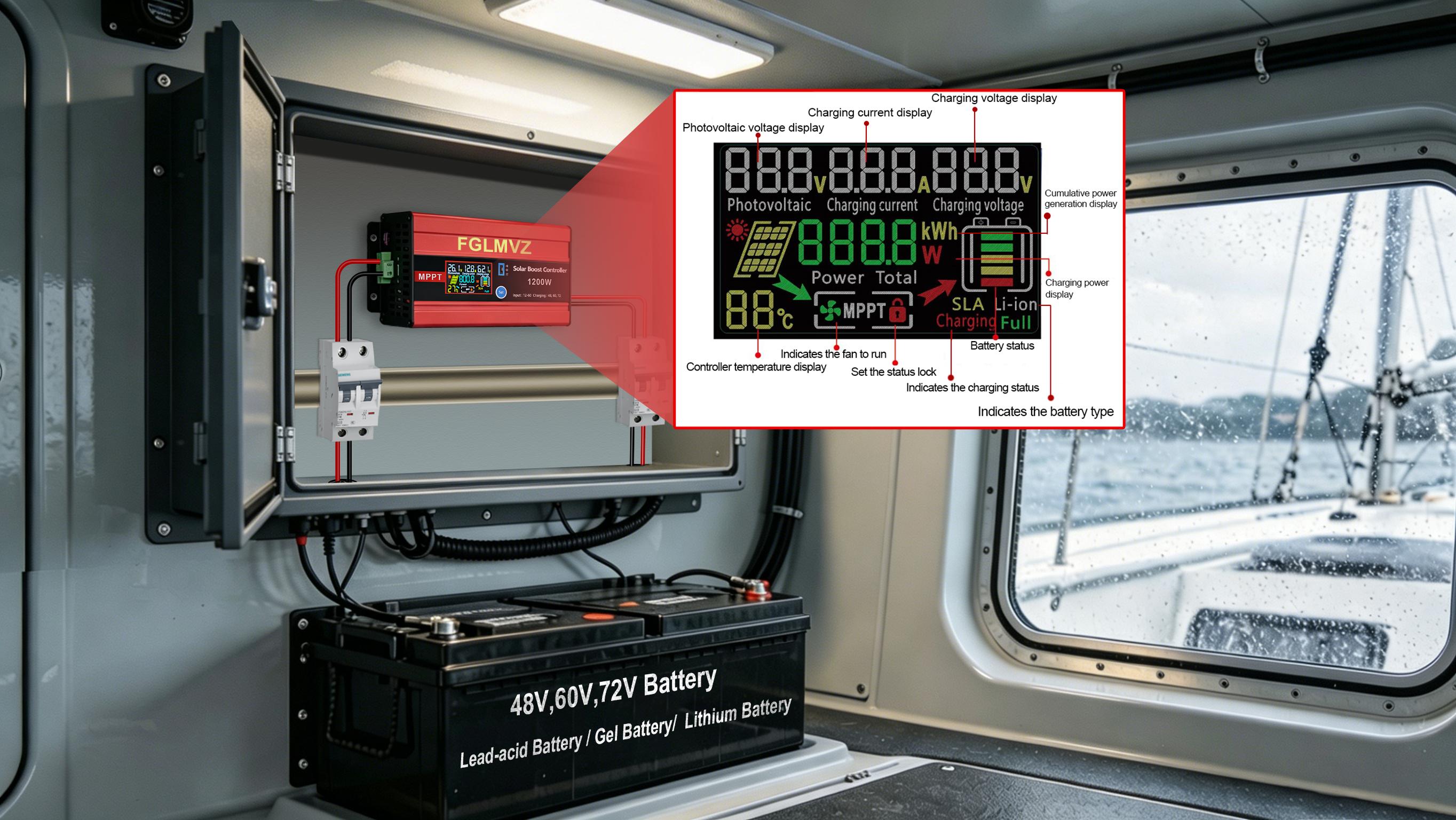 1200W Boost MPPT Solar Charge Controller - 12-60V Wide Voltage Input, 30A with LCD, 15A Max Output for LiFePO4/Lithium/Lead Acid Batteries, Solar Powered Charger for Golf Carts, Motorhome PV Systems