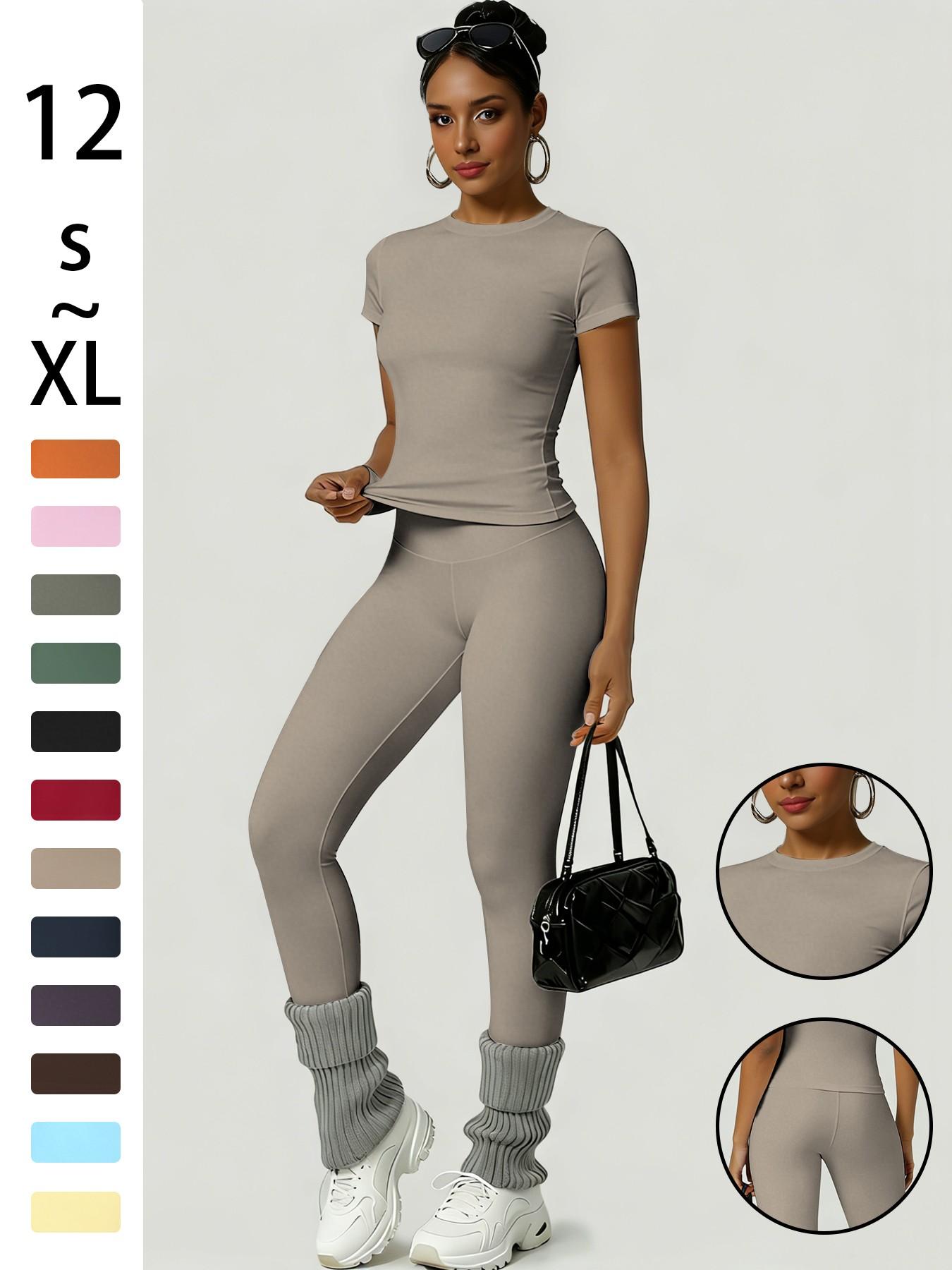 Women's Sporty Slim Fit High-Waisted Yoga Pants & Short Sleeve Round Neck Tee Set, Soft Breathable Activewear for Gym, Running and Outdoor Activities