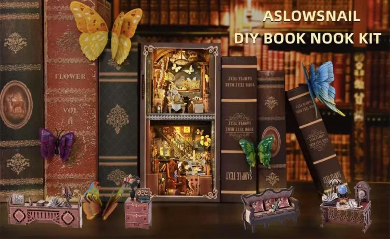 DIY Book Nook Kit 3D Wooden Puzzle Miniature Toy House Book Corner Kit Bookshelf Block Bookshelf Insert Decoration With LED Lights and Glue Suitable for Adults and Teens (Butterfly Collection Room)