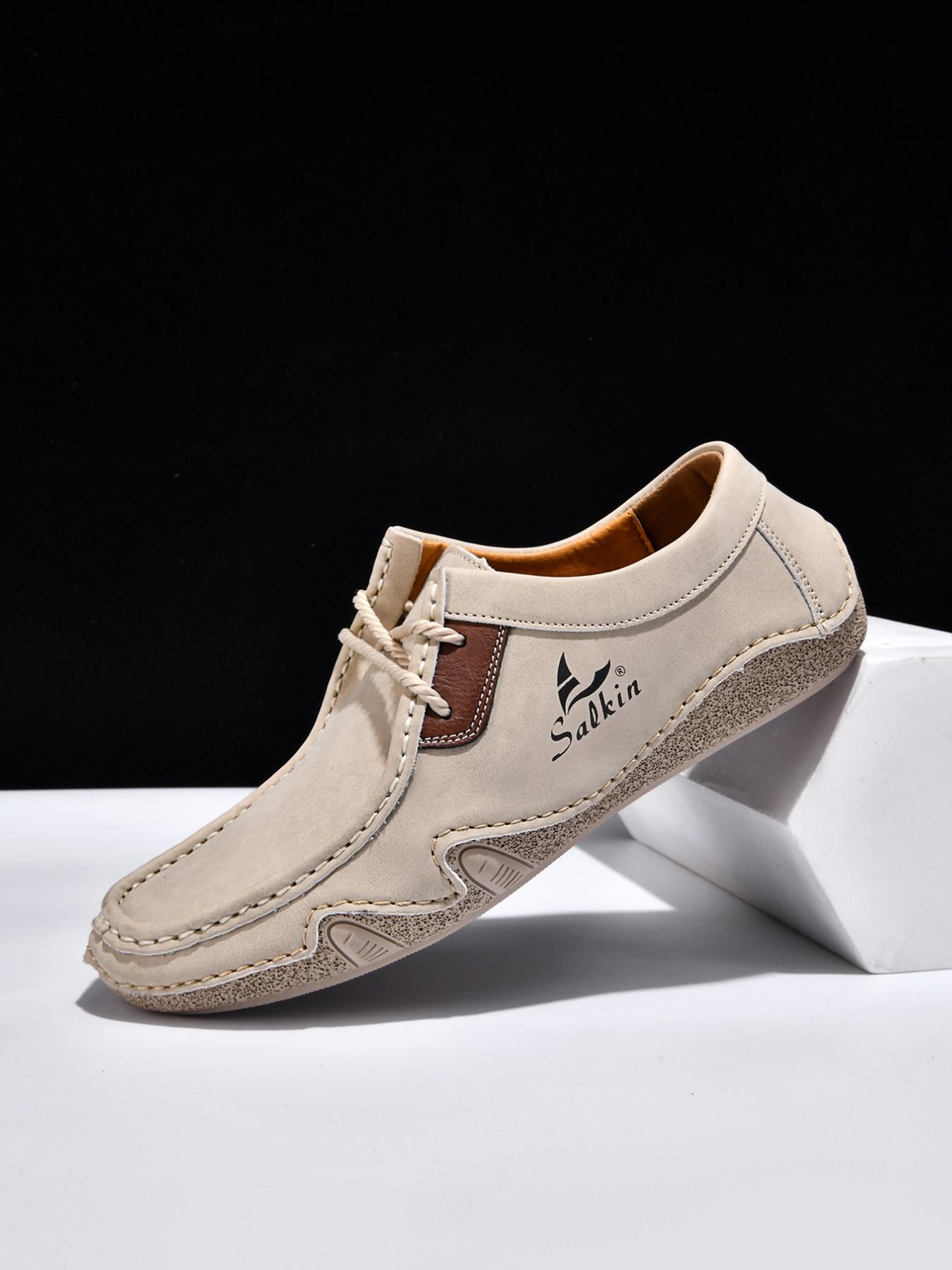 Men's Large Size Hand-Stitched Casual Shoes, Fashion Loafers, Low Top, Vintage Laces, Comfortable Rubber Sole, Outdoor & Office Wear