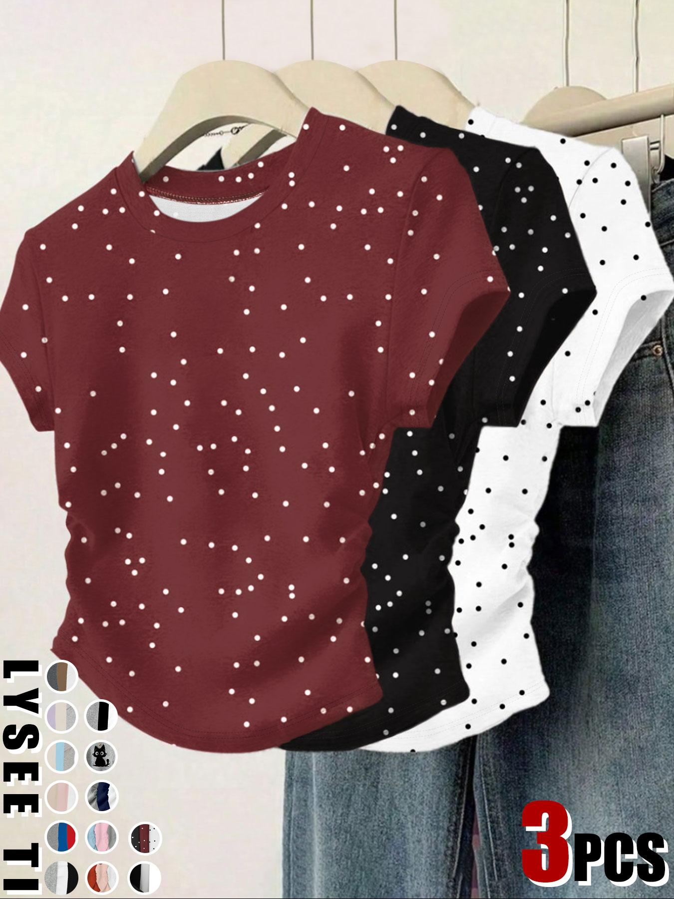 3pcs women's casual fashion slim fit small bow Butterfly print details simple solid color pleated pullover shirt women's round neck short sleeved three piece T-shirt