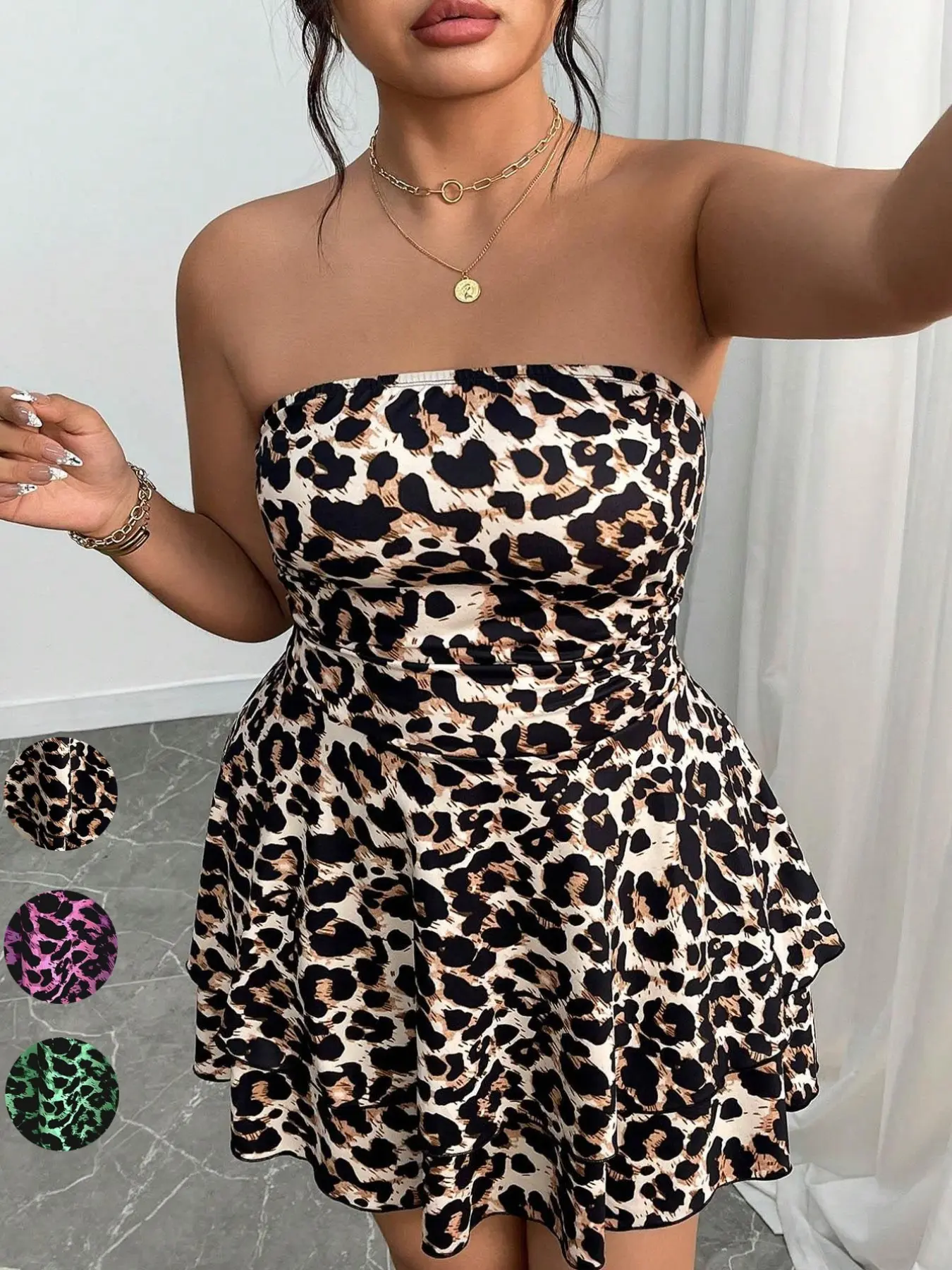 Women's Plus Size Leopard Halter Dress, Waist Cinched Ruffle Short Skirt, Sexy European Style Summer, Party Date Night Clubwear