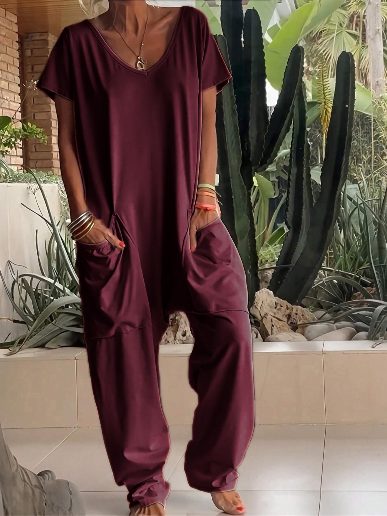 2026 Women's Casual Jumpsuit, Short-Sleeve V-Neck Harem Pants, Loose Fit Wide Leg, Perfect for All Seasons, Stylish & Comfortable