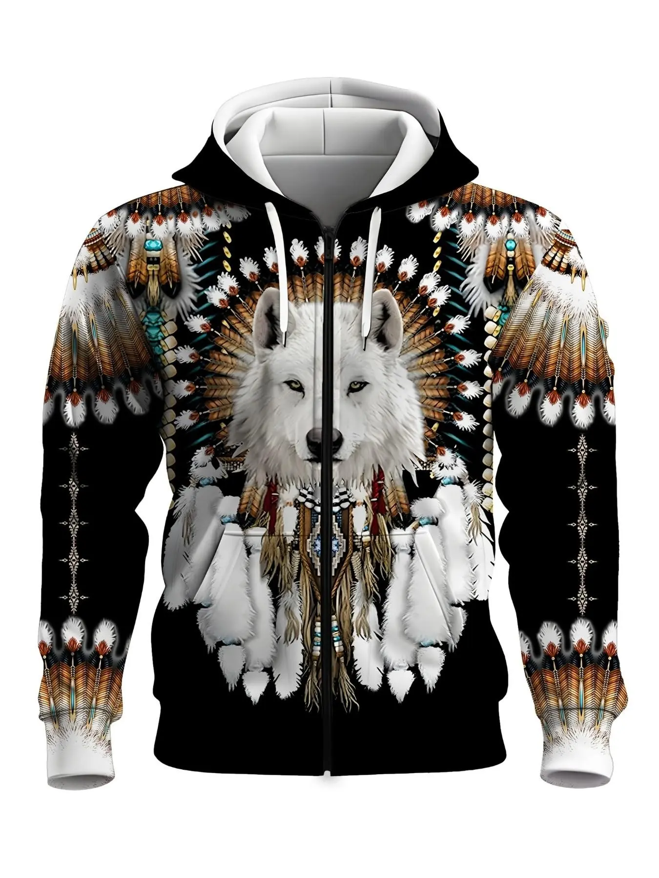 Men's Native Tribal White Wolf Zip Up Hoodie, ethnic feather headdress full print design. Comfort hooded jacket, perfect for casual daily wear, street style and outdoor outfits. #ZipHoodie #WolfPrint #TribalHoodie