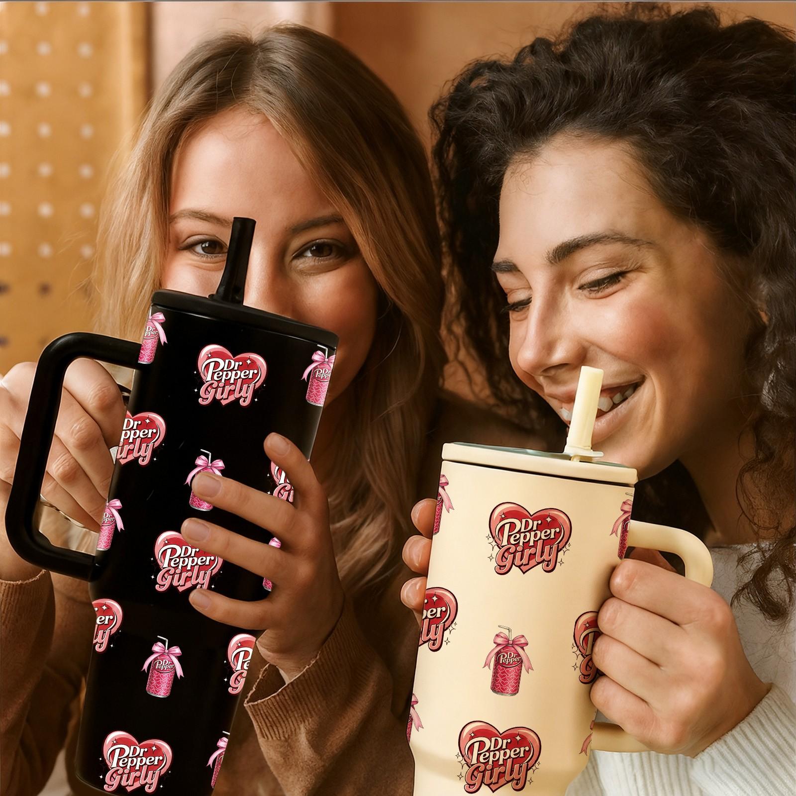40oz Insulated Tumbler With Handle, Drinkware, Dr Pepper Girl All Over Print Thermal Mug, Soda Aesthetic Design, Double Wall Vacuum Cup For Hot Cold Drinks, Leak Resistant Lid, Birthday Valentine Mother’s Day Gift For Women Friend