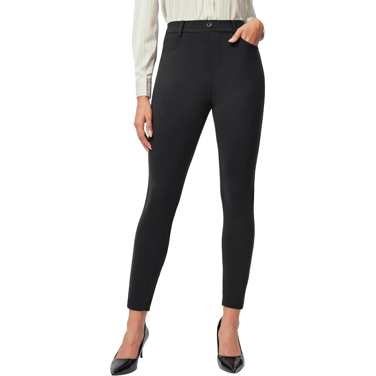 Women's Stretch Dress Pants Business Casual Pull-On Skinny Work Pants with 2 Pockets Tummy Control No Digging Waistband Polished Look All-Day Comfort for Office Interview Daily WearGift