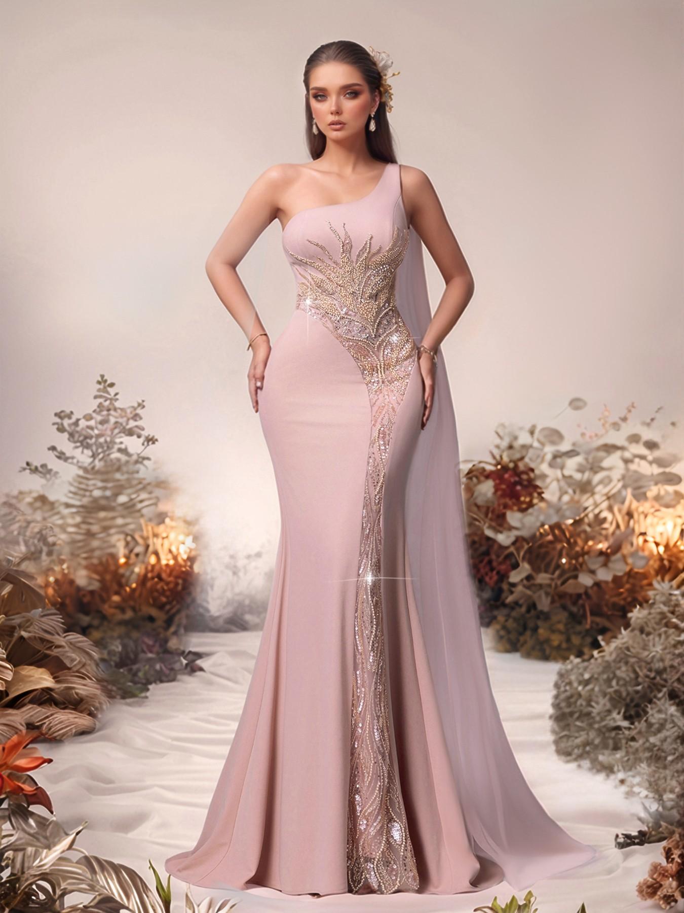Elegant One-Shoulder Mermaid Dress with Sequins, Formal Evening Gown, Party Dress, Wedding Guest Dress, Slim Fit Long Dress, Evening Party Dresses