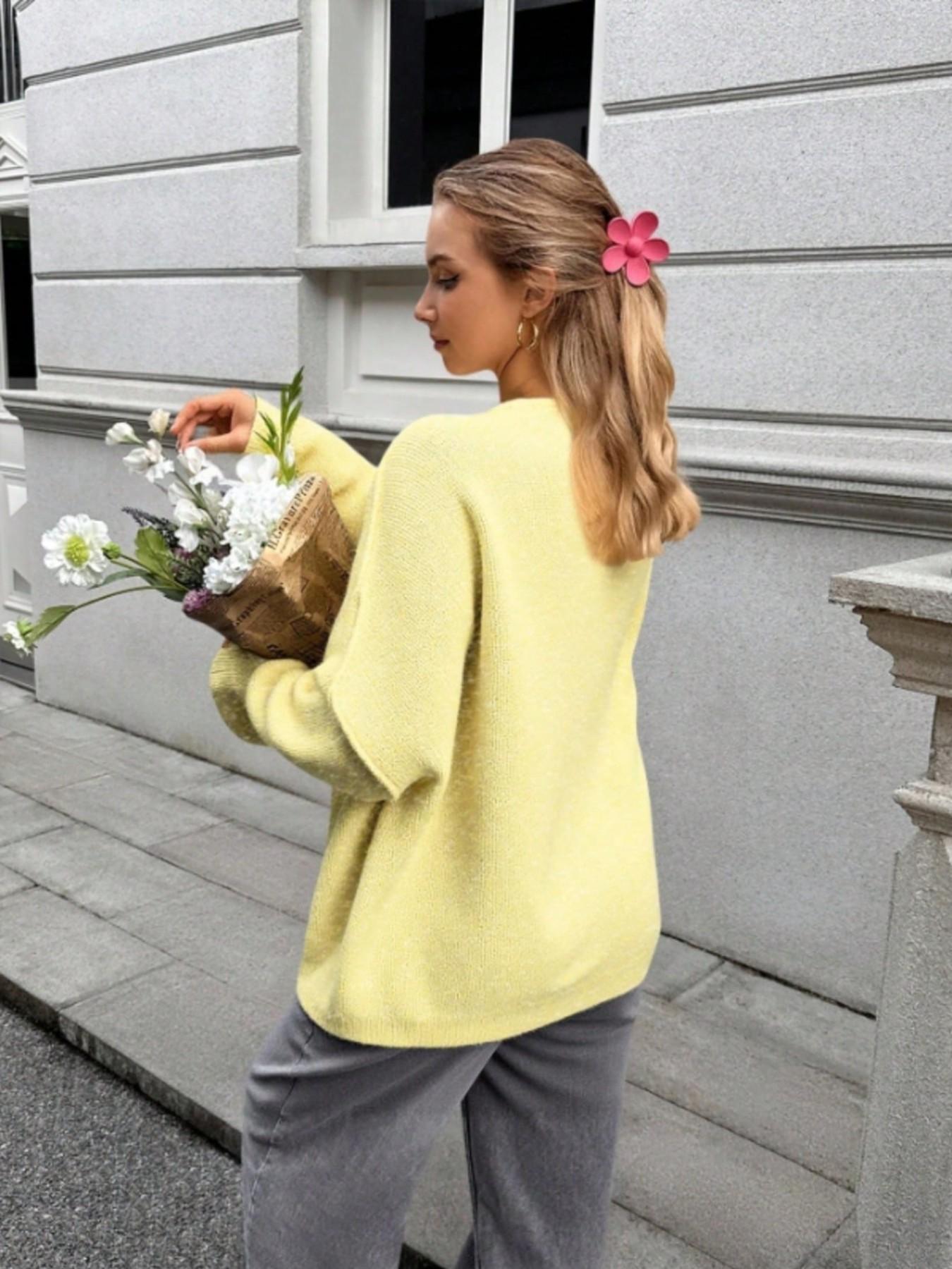 Gentle macaron-style V-neck knit cardigan, Knitwear, creamy yellow solid color, ribbed chunky knit, batwing loose sleeves, soft & cozy, Spring/fall layering essential, perfect for coffee dates, casual outings, sweet romantic vibe, Daily warm wrap-style