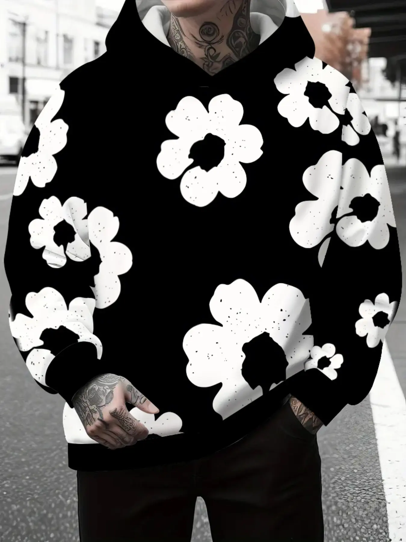New Fall Men's Simple Floral Full Print Hoodie, Base Large Flower Print Basic Hooded Casual Top, All Seasons Loose-Fit, Long Sleeve