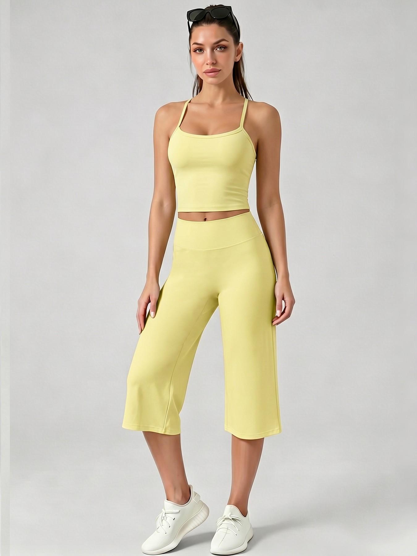 Women's Sporty Fitted Tank Top & High-Waisted Wide-Leg Pants Set, Breathable Solid Color, Ideal for Yoga, Casual Wear, Home Comfort, Athleisure Summer Clothes