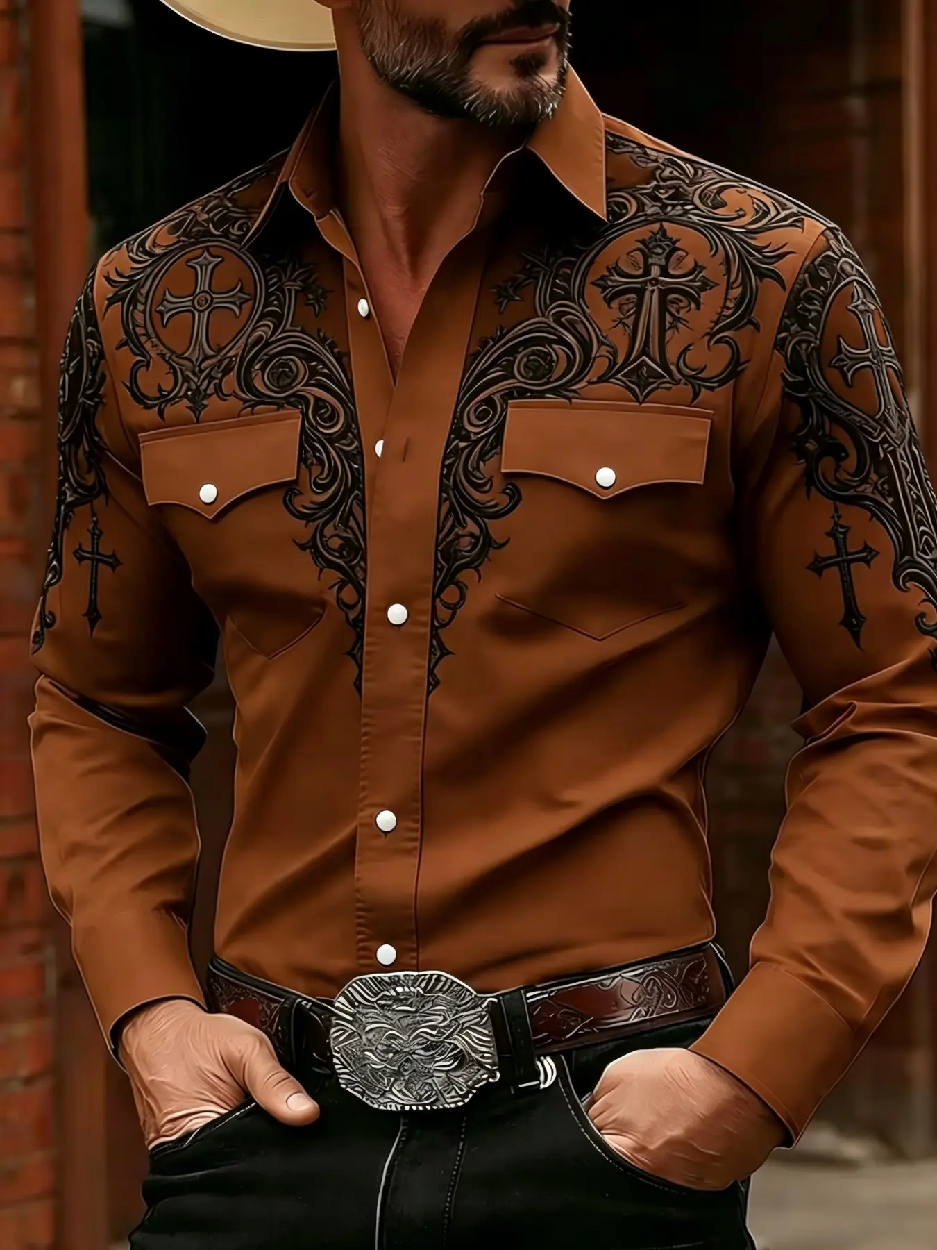 Cross Vine Shirt, Vintage Western American Style, Long Sleeve Casual Shirt, All over Print, Slim-Fitting, Full Placket Top