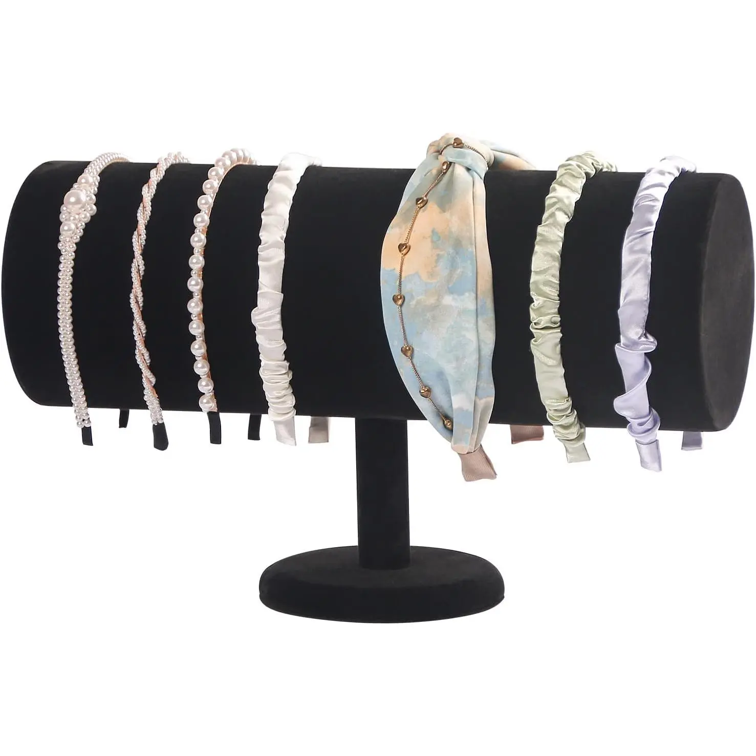 Beige T-Bar Headband Holder Organizer with Durable Soft Velvet, Sturdy Base Display Rack for Girls - Detachable Black Design