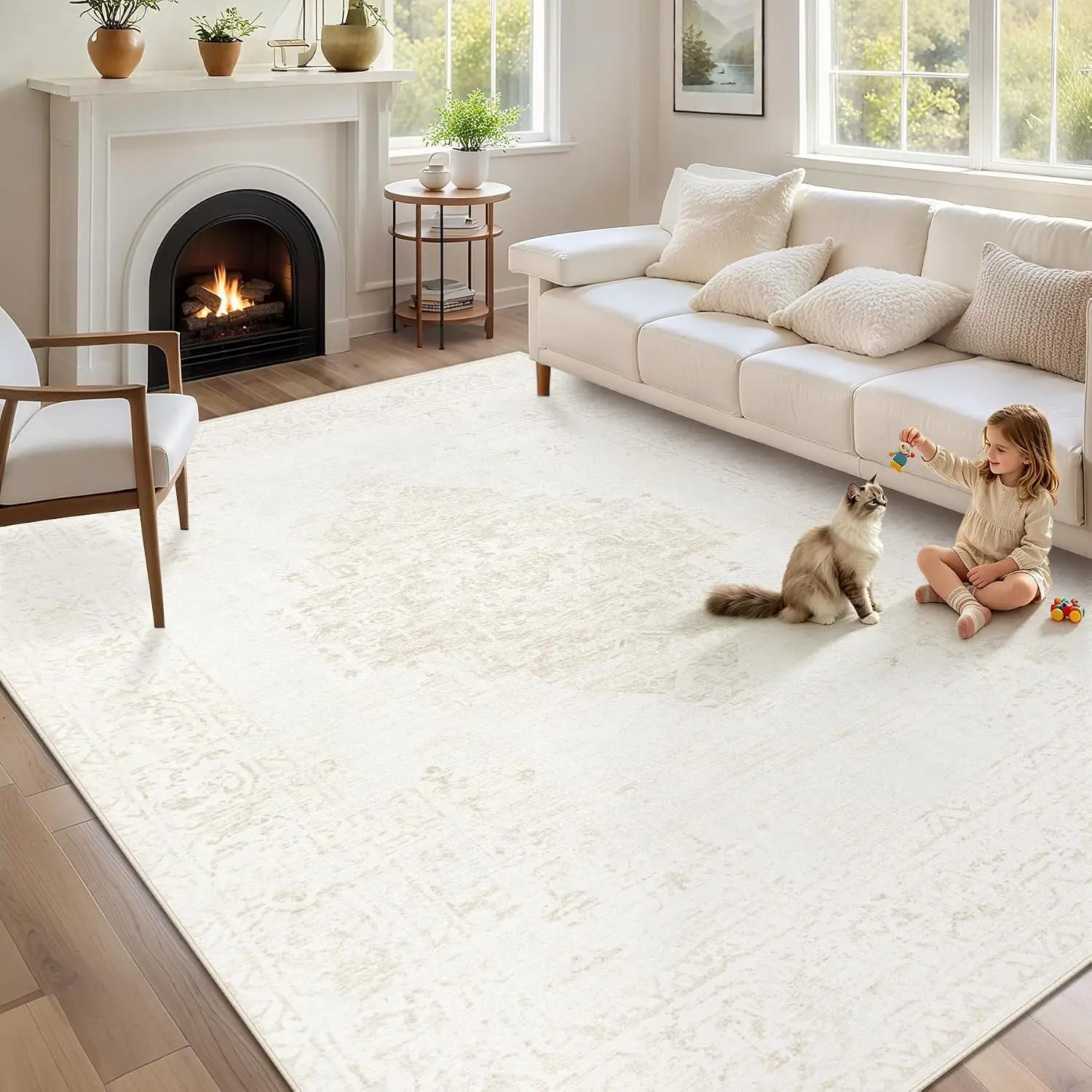 Washable Rugs 5x7 Living Room Rug:  Neutral Area Rugs Soft Non-Slip Indoor Low Pile Carpet for Bedroom Dining Room  Office (Beige, 5' x 7')