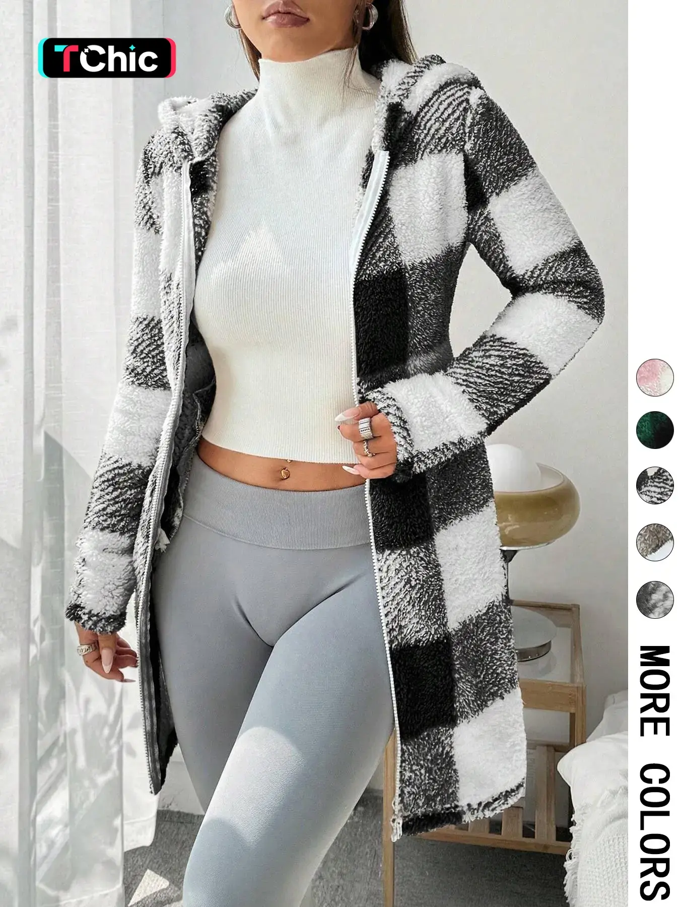 Women's Plaid Fleece Hooded Coat, Fall Winter Fashion, Casual, Fitted, Soft Fluffy Fabric & Full Zip Closure & Mid-Length Silhouette & Multiple Color Options, Womenswear