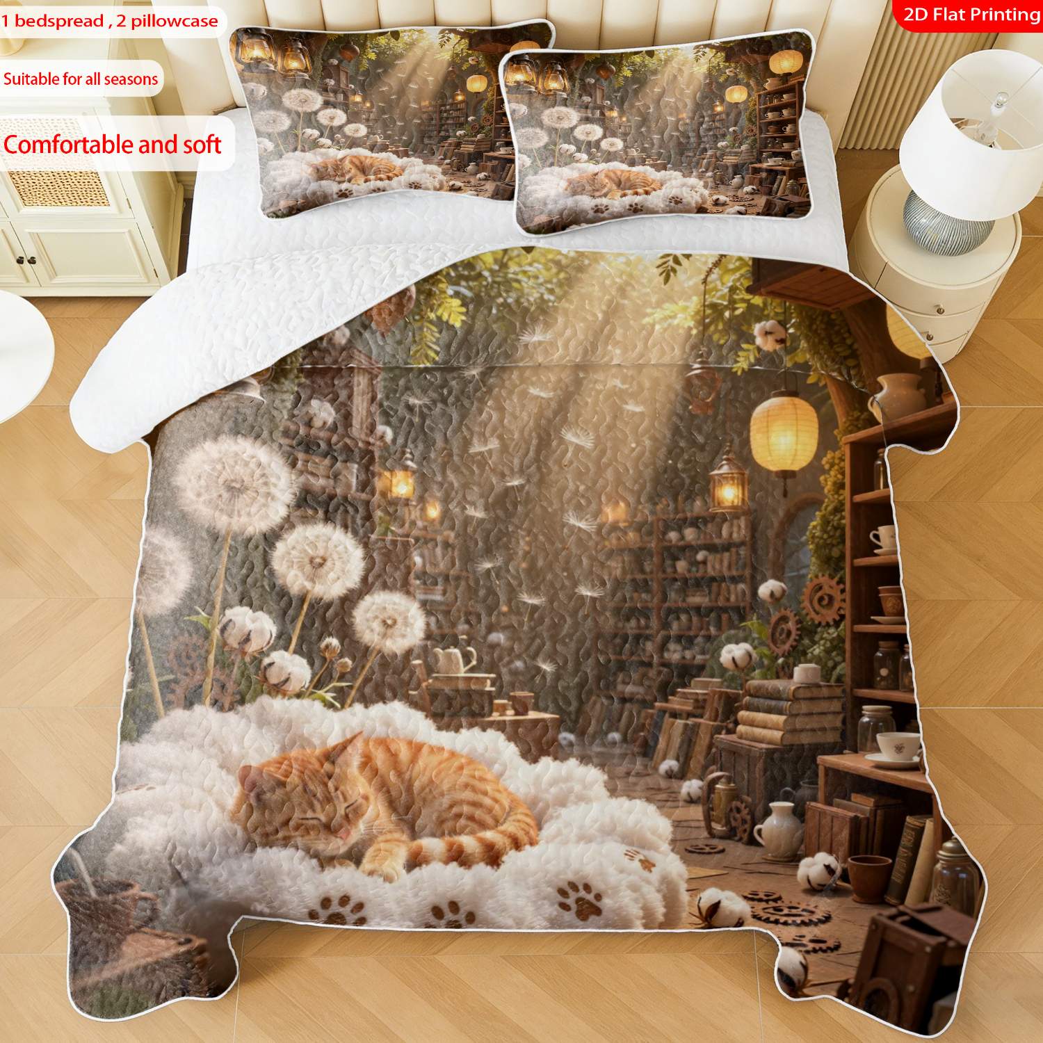 3 pcs, 2D flat print Cozy Cottagecore bed cover set Whimsical Cat & Dandelion, multiple sizes available, bedding set, festive decorative bedding, ideal for bedroom decor(1 bedspread , 2 pillowcases)