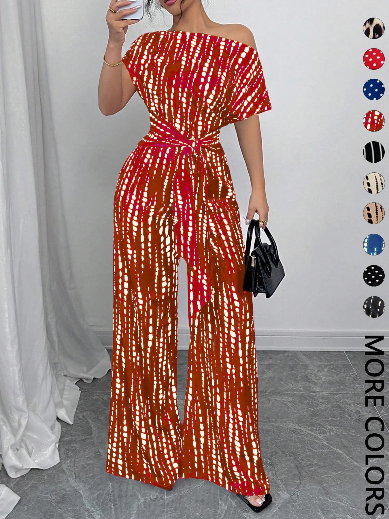 Women's All Over Print Tie Front Jumpsuit, Casual Asymmetrical Neck Jumpsuit for Spring & Fall, Women's Clothes for Daily Wear