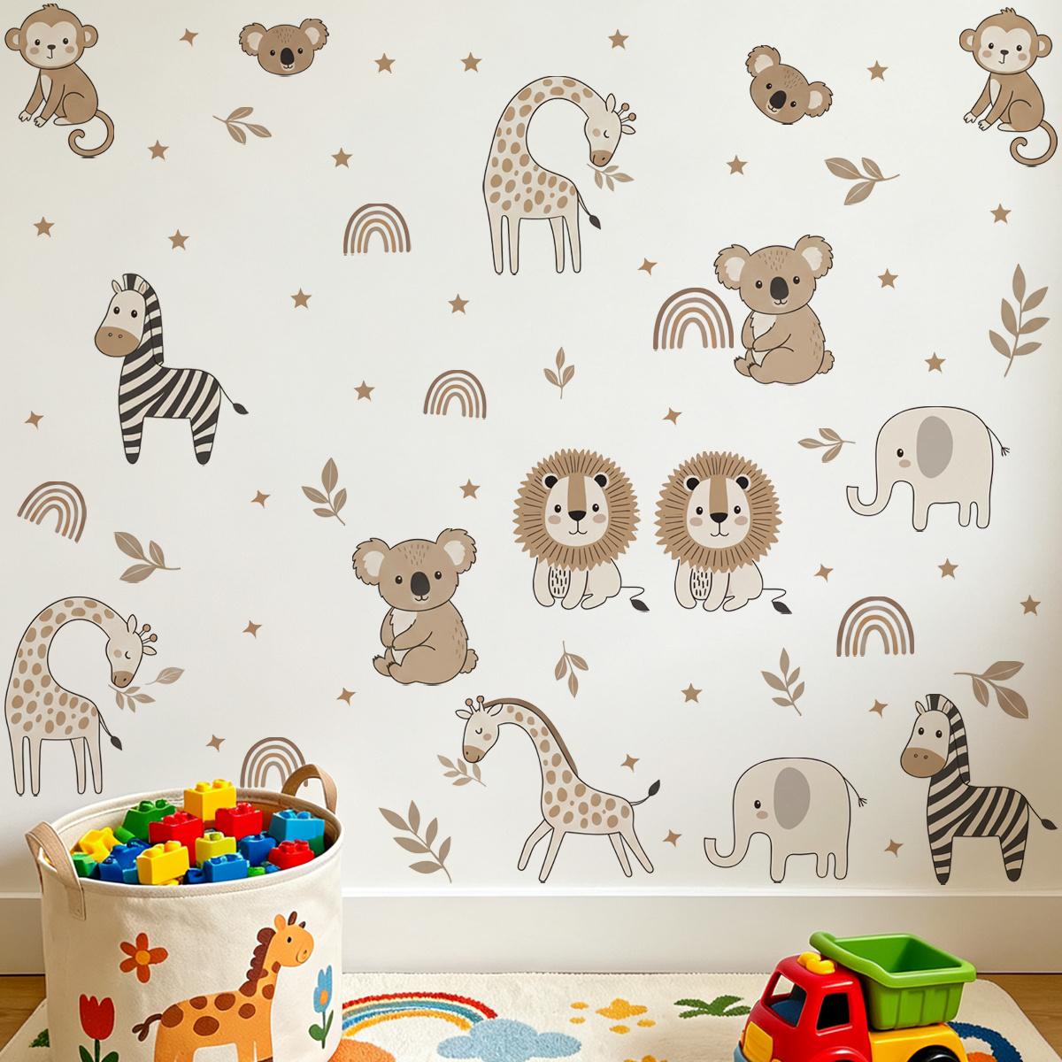 2Pcs Set (3060cm2pcs) Boho Jungle Animals Self-Adhesive Wall Stickers, Versatile Cute Home Wall Decals for Kids Room