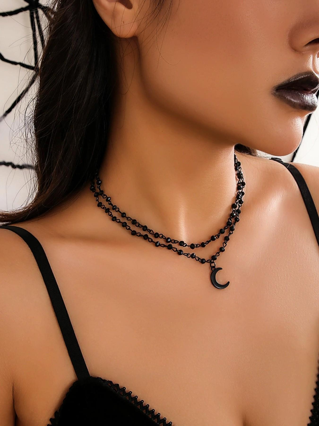 Moon Fringe Necklace Dark Hip Hop Style, Lightweight Design, Versatile Single Layer Round Pendant Necklace, All Seasons Party Jewelry