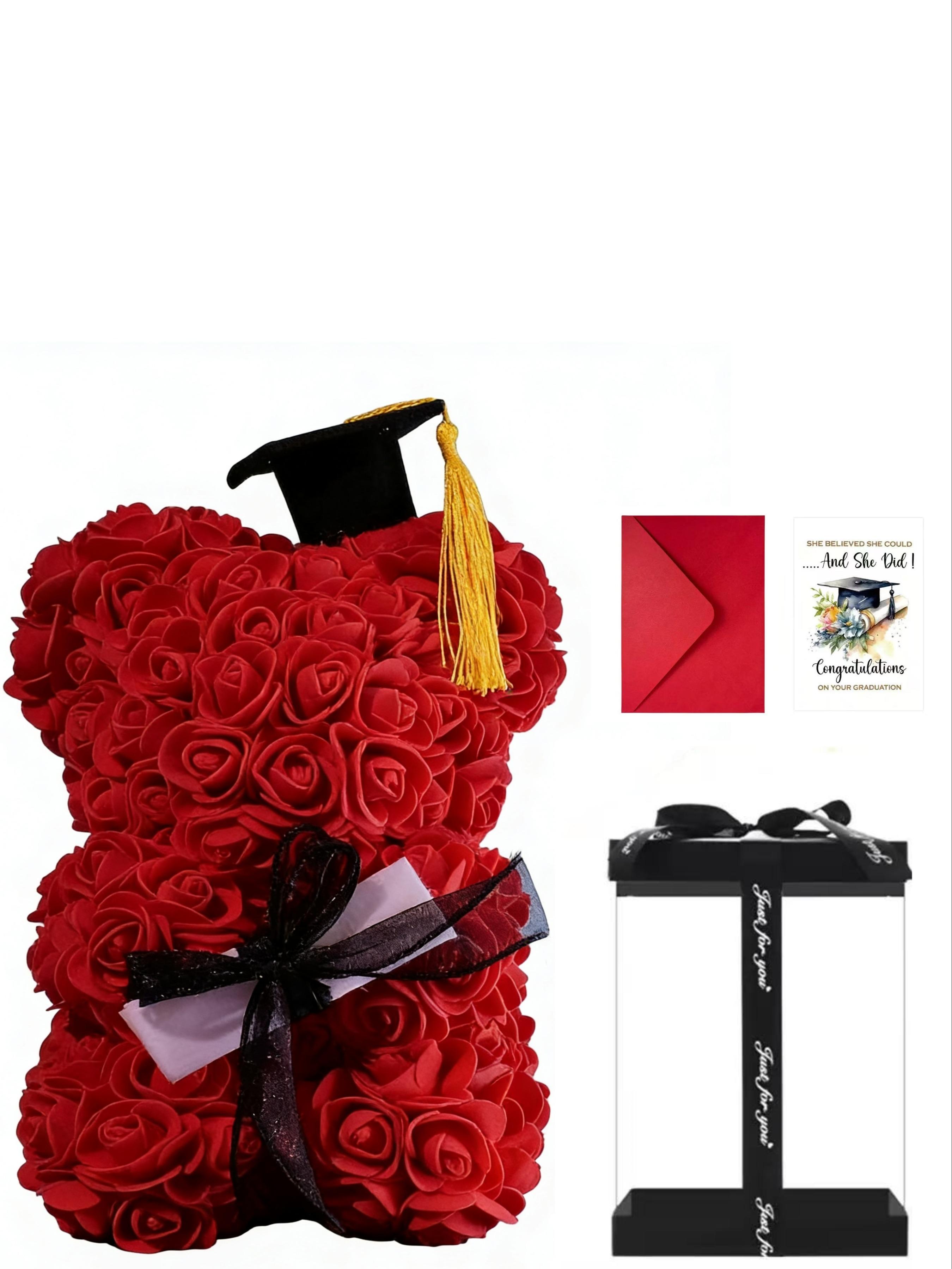 Graduation Gift Card with Bear Design, Pe Rose Flower Theme, Perfect for Classmates, Includes Envelope, Ideal Graduation Souvenir