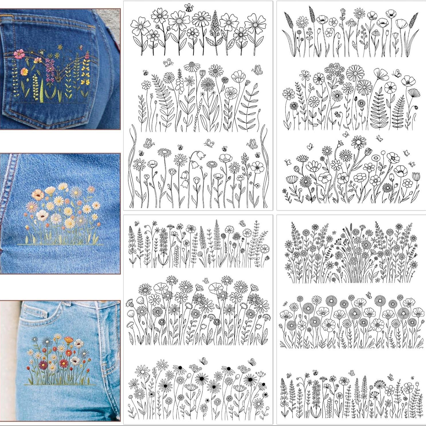 4 Sheets Preprinted Flower Embroidery Pattern Paper,Self-Adhesive Water Soluble Stabilizer Kit with Floral, Botanical & Alphabet Designs, Complete with Embroidery Floss & Needles for DIY Handmade Craft Supplies