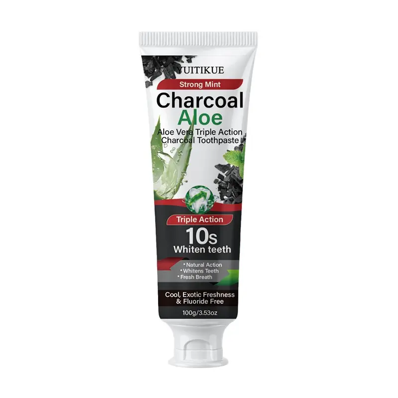 Yuitikue Activated Charcoal Aloe Vera Toothpaste 100g, Fluoride-Free Triple Benefits, 10-Second Teeth Whitening, Deep Stain Removal, Fresh Breath