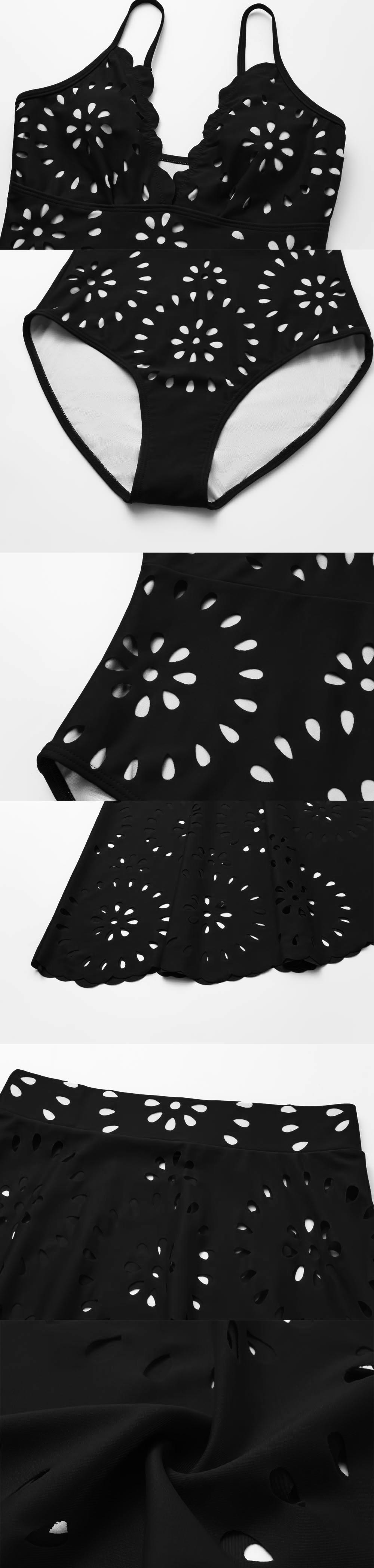 FLAXMAKER Women’s Laser Cut Dotted Black One Piece Swimsuit and Cover Skirt Swimwear Set Chic Beachwear Stylish Bathing Suit #TikTokShopBlackFriday Swimoutfit