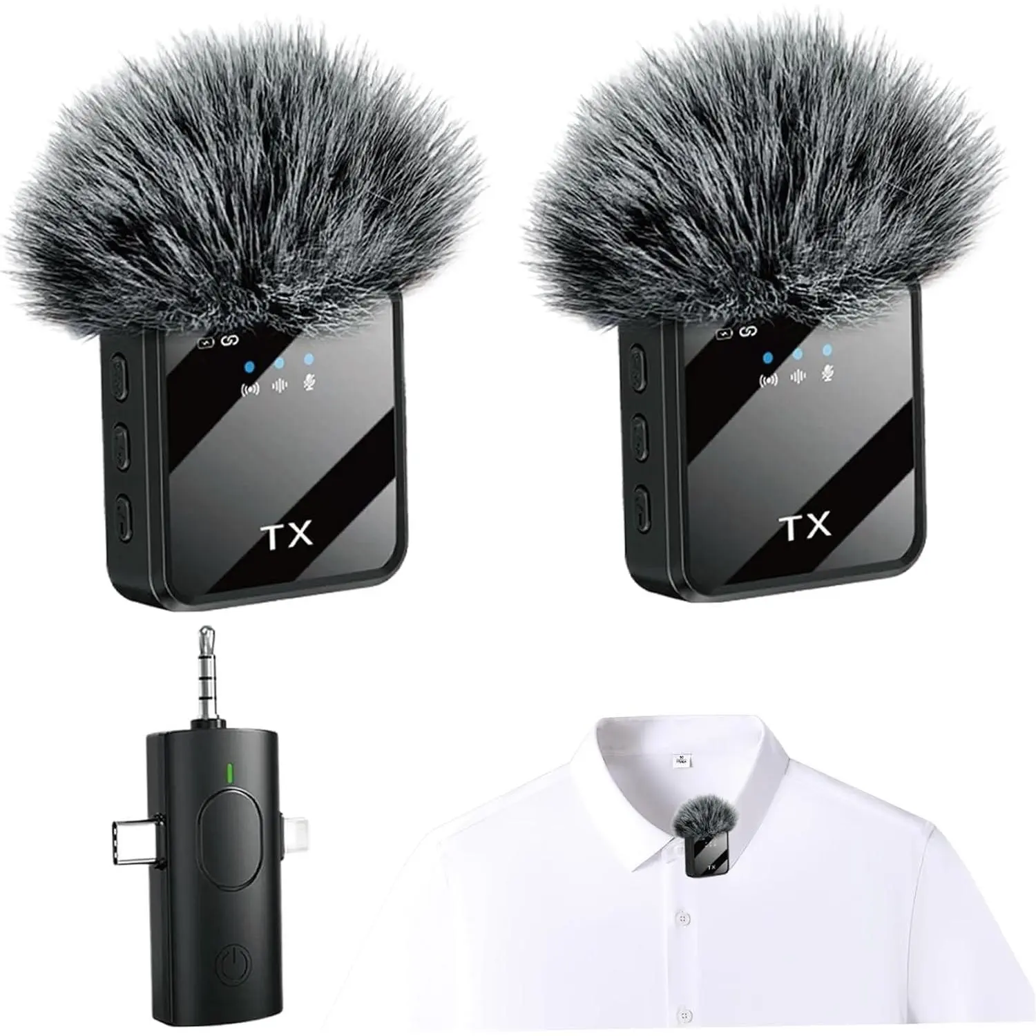 Unisex 2-Pack Clip-On 3-in-1 Wireless Lavalier Mic with Noise Cancelling, 3.5mm Jack, Mini LED Display & Receiver - Wireless Indoor Recreation Vlogging Equipment for Recording