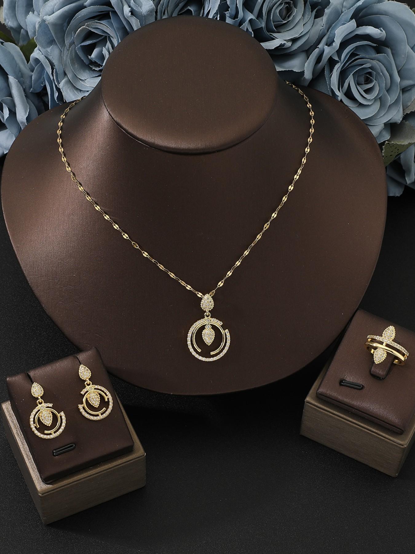 Women's Jewelry Set, 4-Piece Drop Pendant Necklace, Earrings, Ring, Letter C Zircon Pendant, Perfect for Weddings, Holiday Gifts