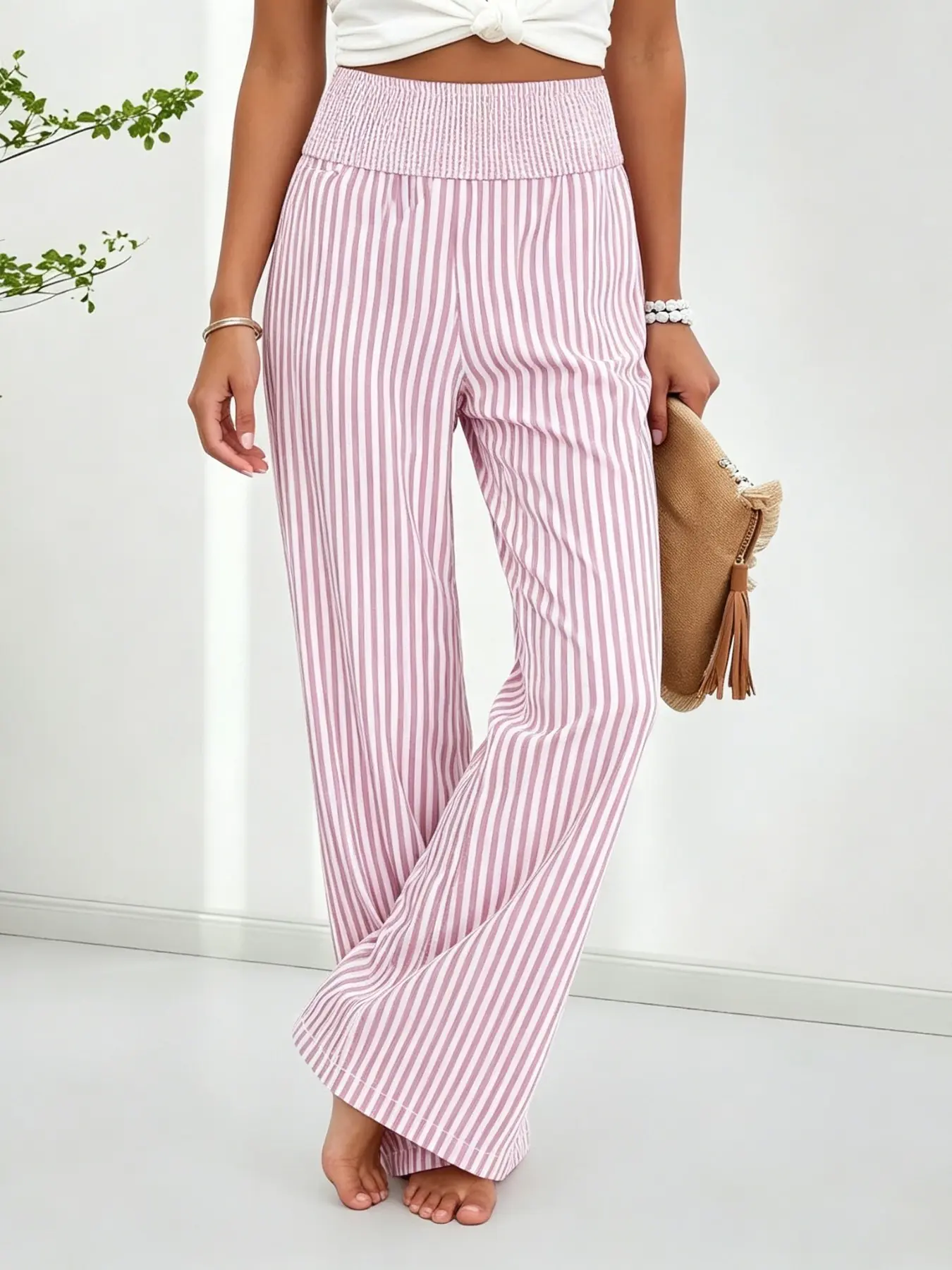 New Women's High-Waisted Long Pants, Striped Print, Elastic Waist, Pocket Design, Elegant Casual Chic Style, Boho Loose Fit, All Seasons, Loose-Fitting, Baggy, Oversized