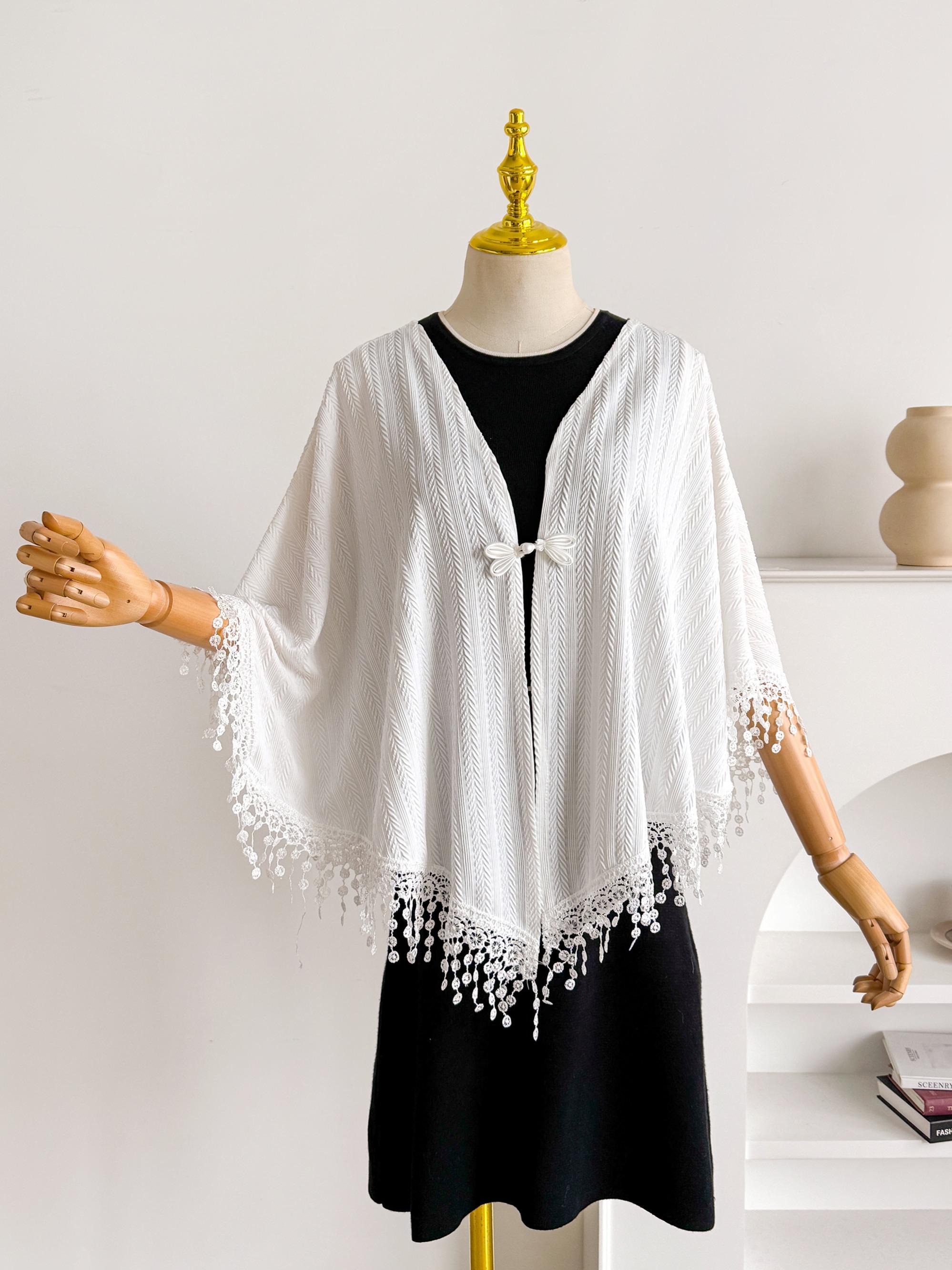 Women's Plain Fashionable Lace Scarf, Comfortable Layered Wear for Casual Formal Occasions, Large Size Sun Protection Shawl, Fringe Trim Shawl