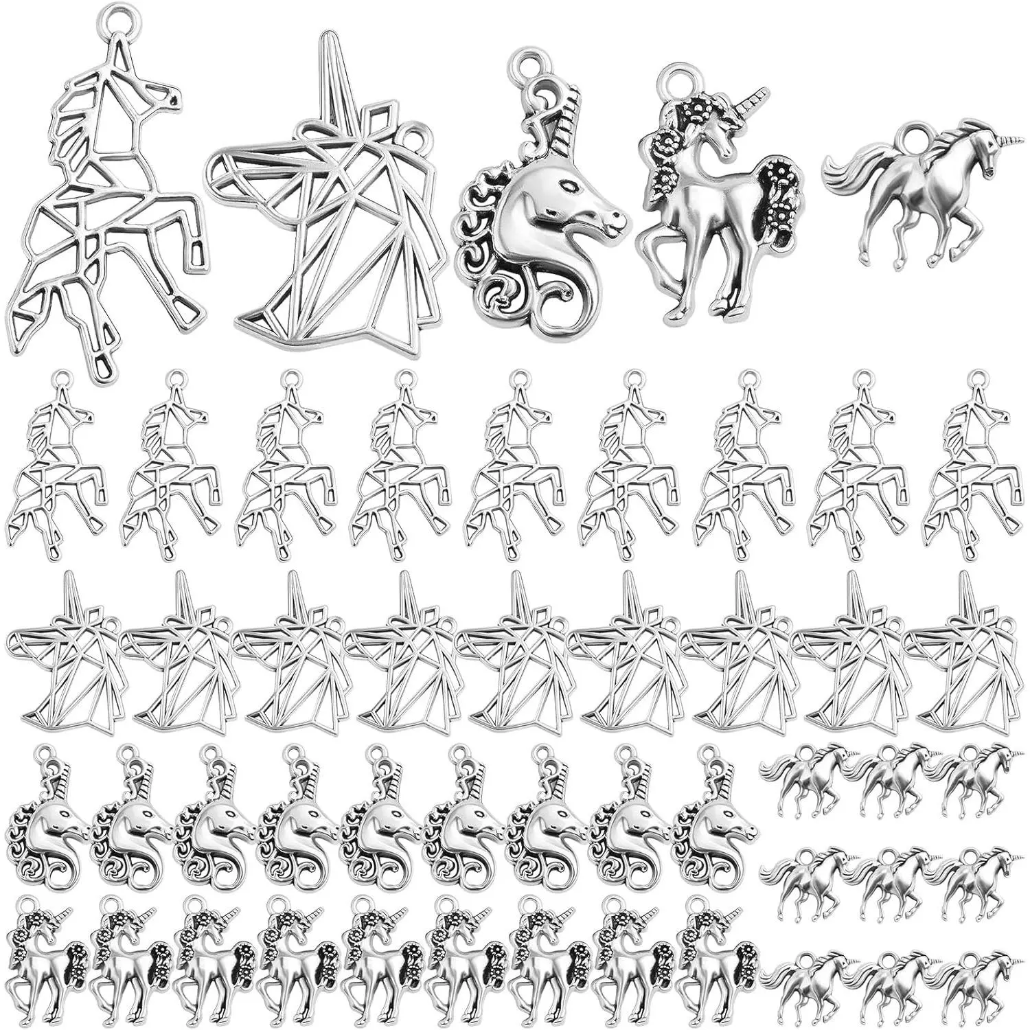 JMKTOOL 50pcs Antique Silver Mixed Unicorn Charms Vintage Alloy Lovely Animal Unicorn Shape Dangle Pendants for DIY Bracelet Necklace Jewelry Making Findings, 5 Styles